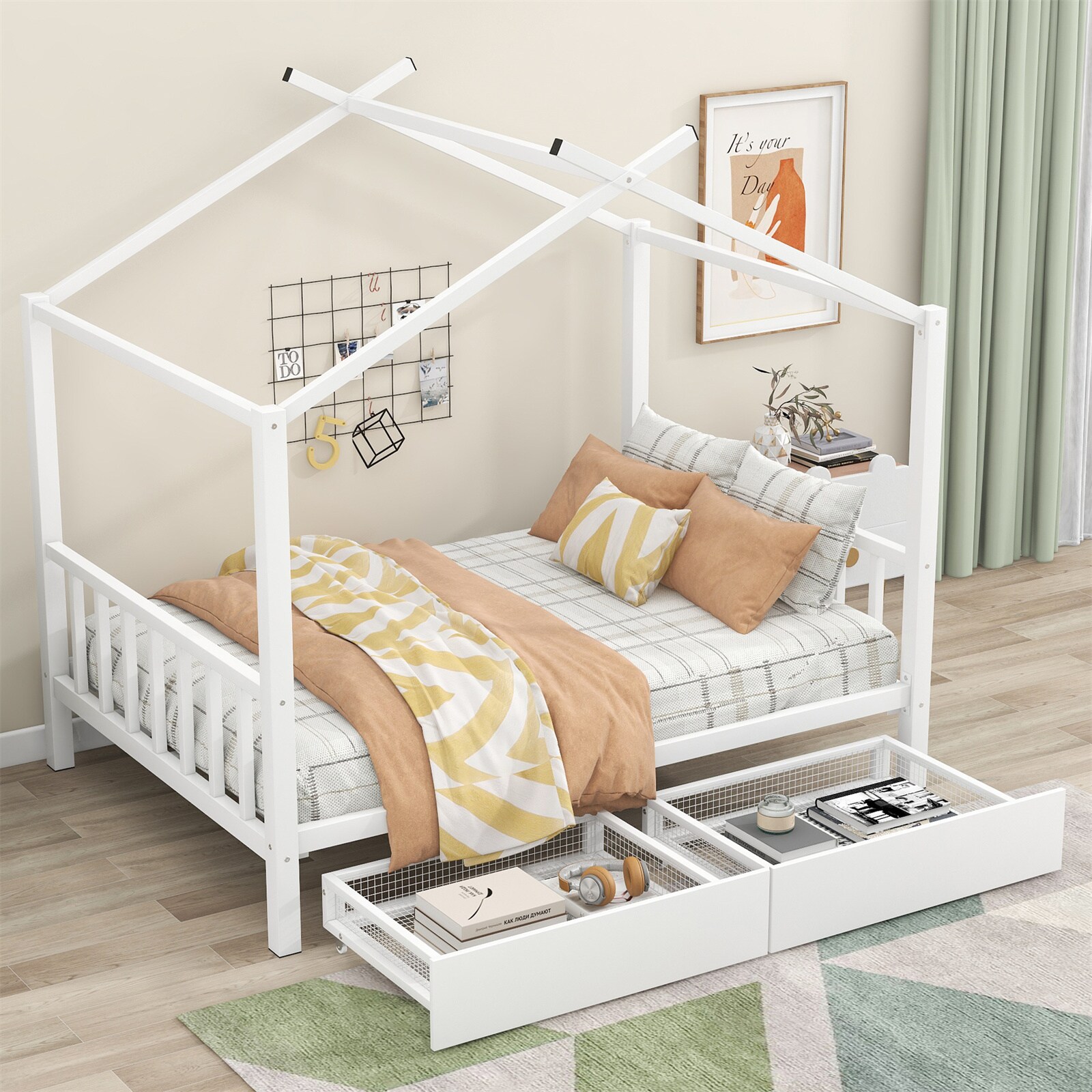 BESTCOSTY White Full Canopy Bed with Storage Drawers in the Beds ...