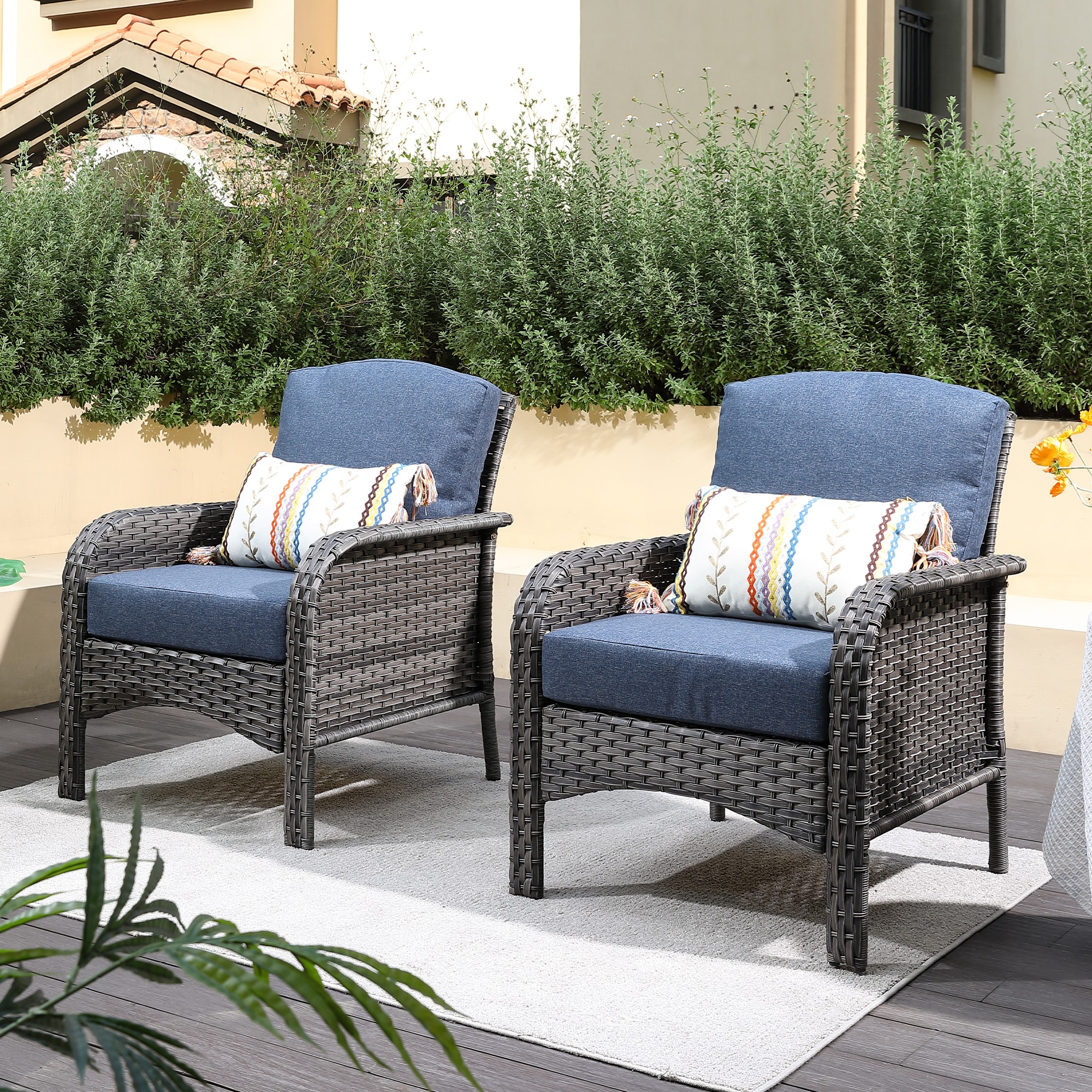 Ovios GNDS300-2 Set of 2 Wicker Black Metal Frame Stationary Conversation Chair with Blue Cushioned Seat