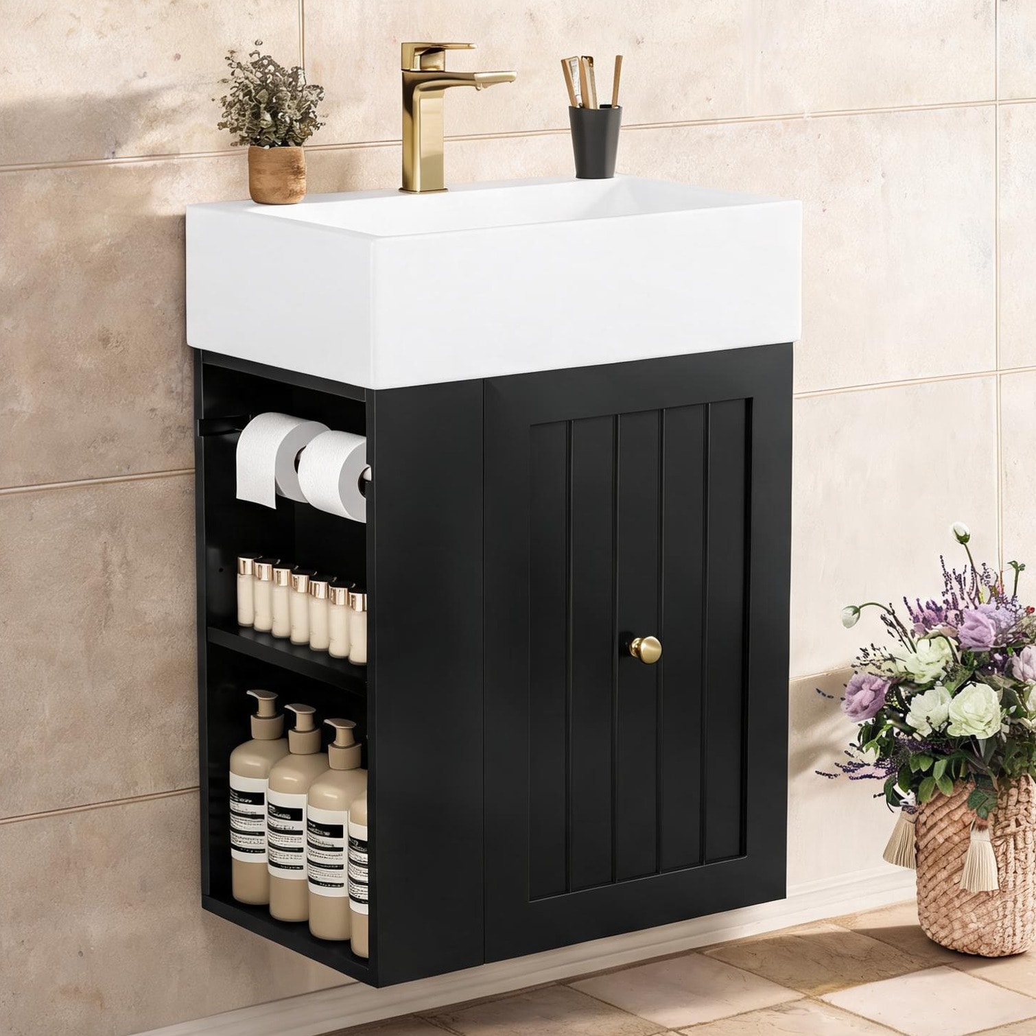 Naturefalls - Solid Wood and MDF Wall-Mount Bathroom Vanity with Integrated Sink Classic Black 20...