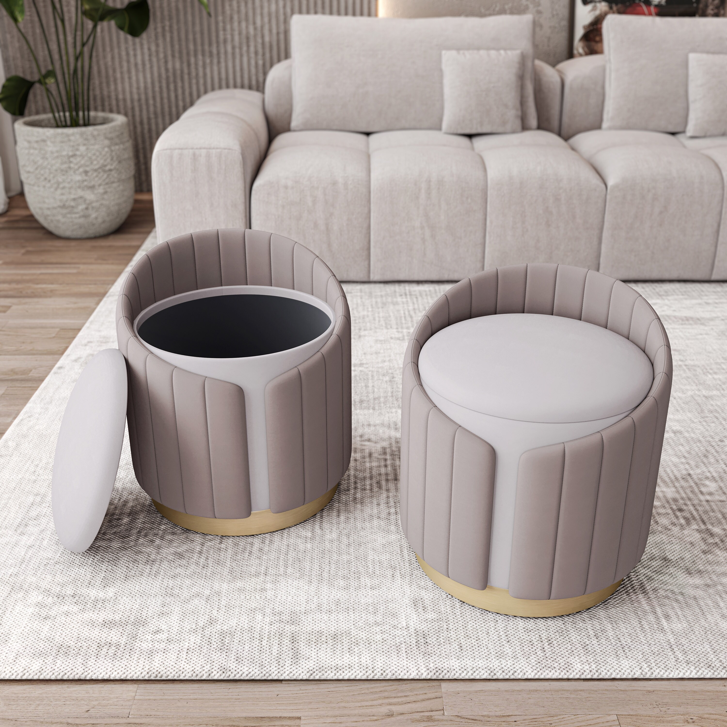 GDFStudio Two-Toned Ottoman with Storage or Vanity Stool Taupe