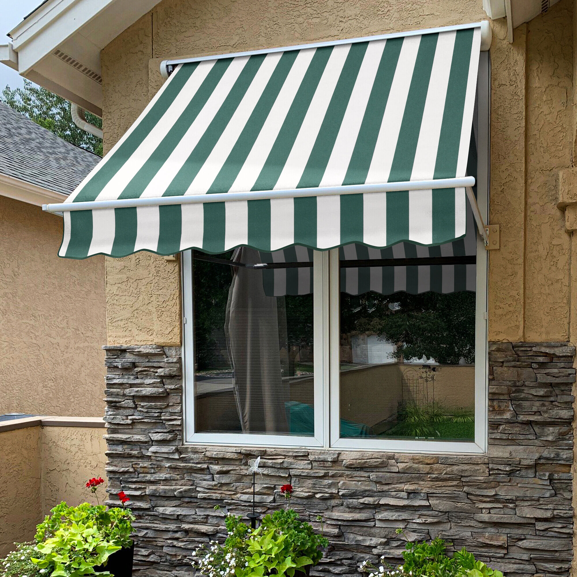 Awntech MS7-L-FW Mesa 88.5-in Wide x 24-in Projection x 24-in Height Fabric Forest/White Stripe Striped Manual Retractable Window/Door Awning