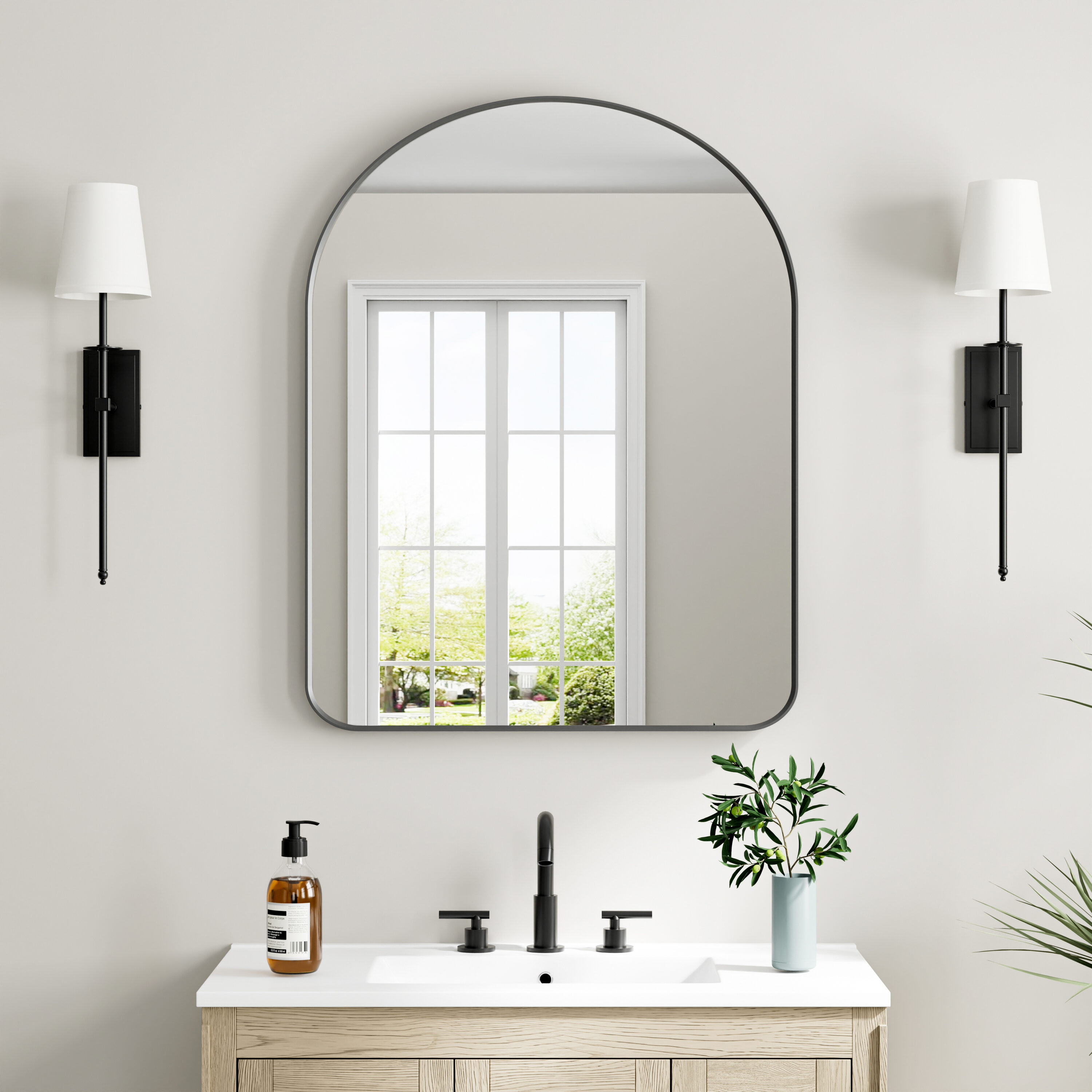 Iseryn 28-in W x 36-in H Arch Matte Black Beveled Vanity Mirror