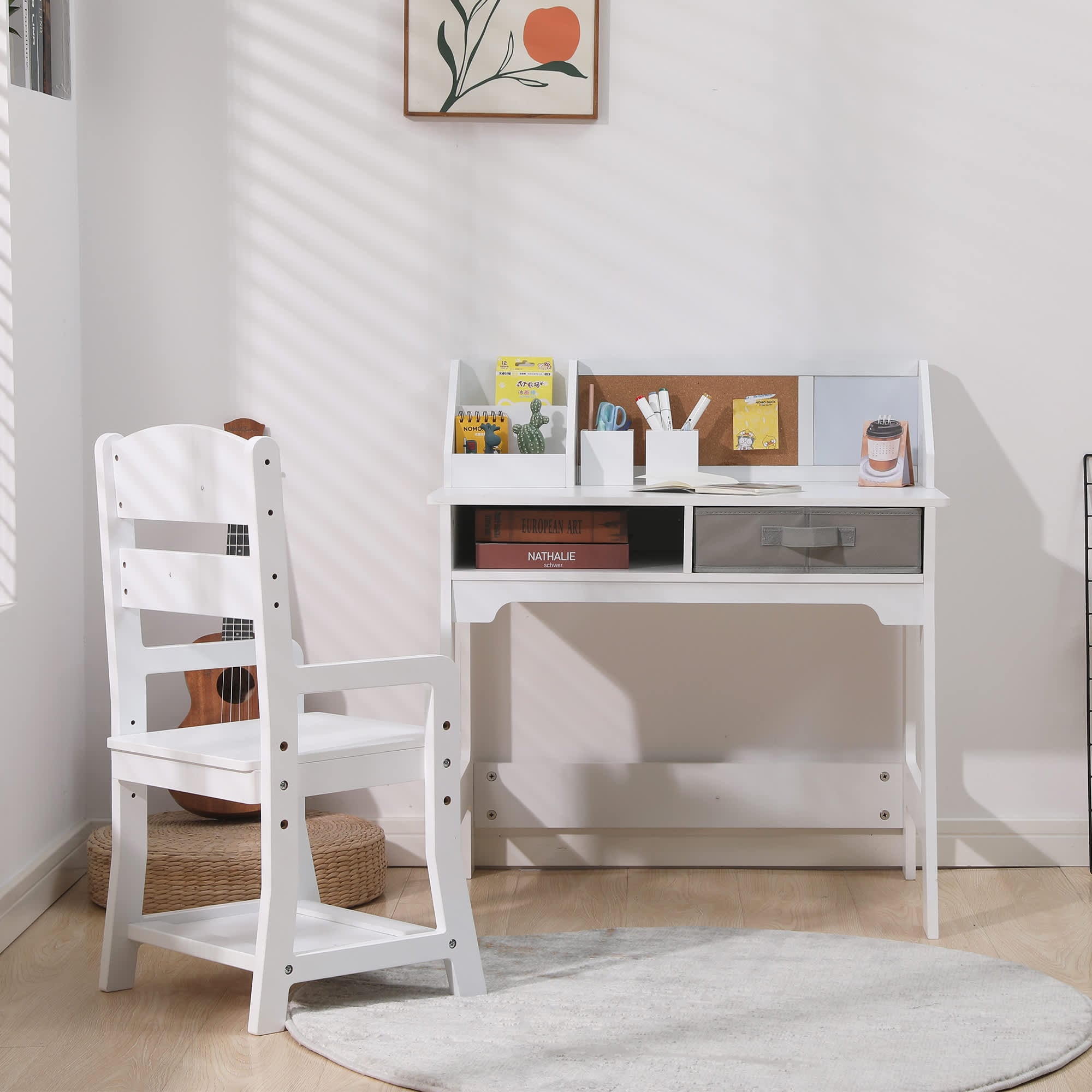 Qeetex SUN-PHO-34WRETUB Kids Study Desk and Chair Set Compact Wooden Study Table with Adjustable Chair 2 Open Drawers Hutch Corkboard and Pen Holders for Homework and Art