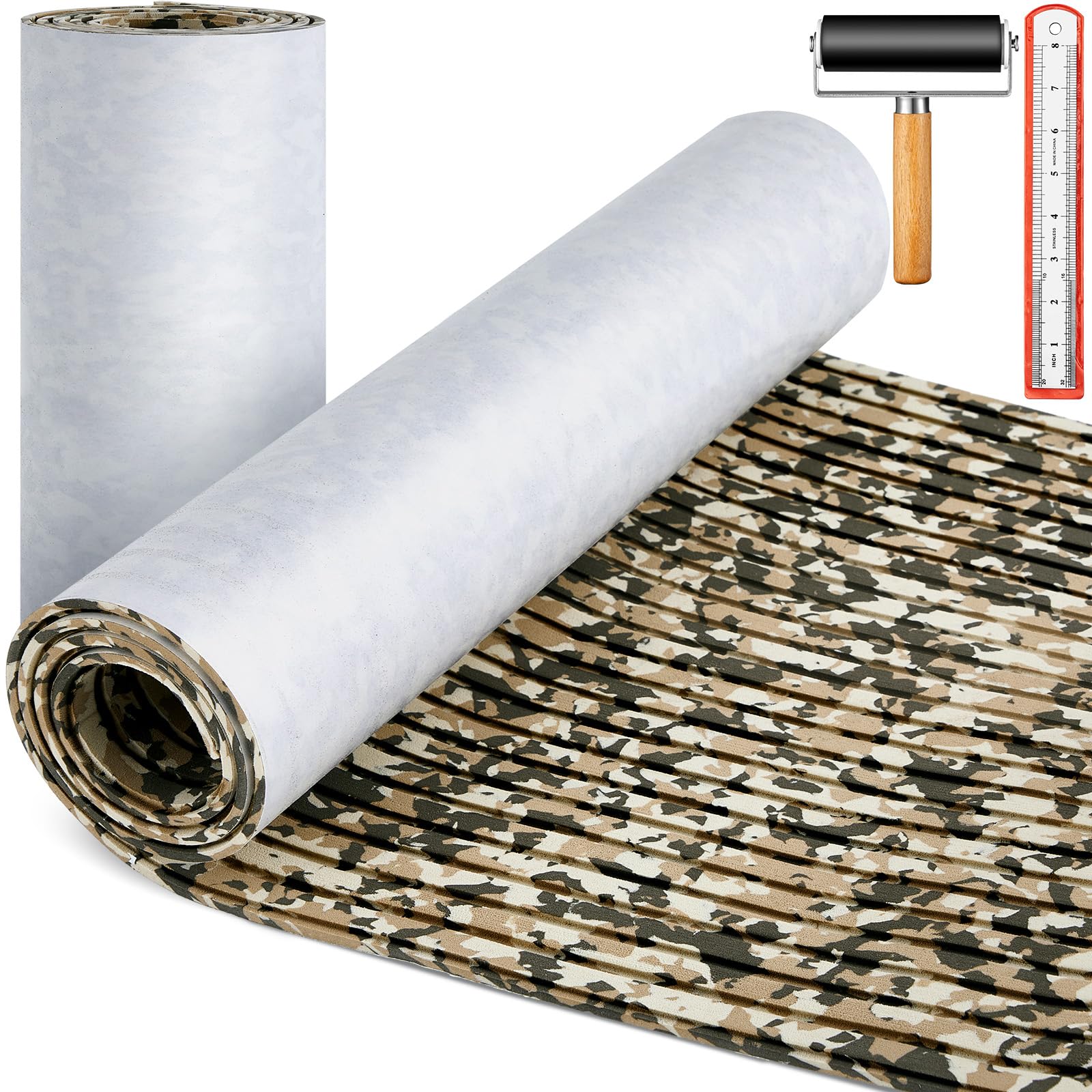LAIFUCAM  EVA Foam Boat Decking Roll 94 by 16 Inches Non Slip Marine Camouflage Self Adhesive Flooring with Roller and Ruler for Kayak Yacht
