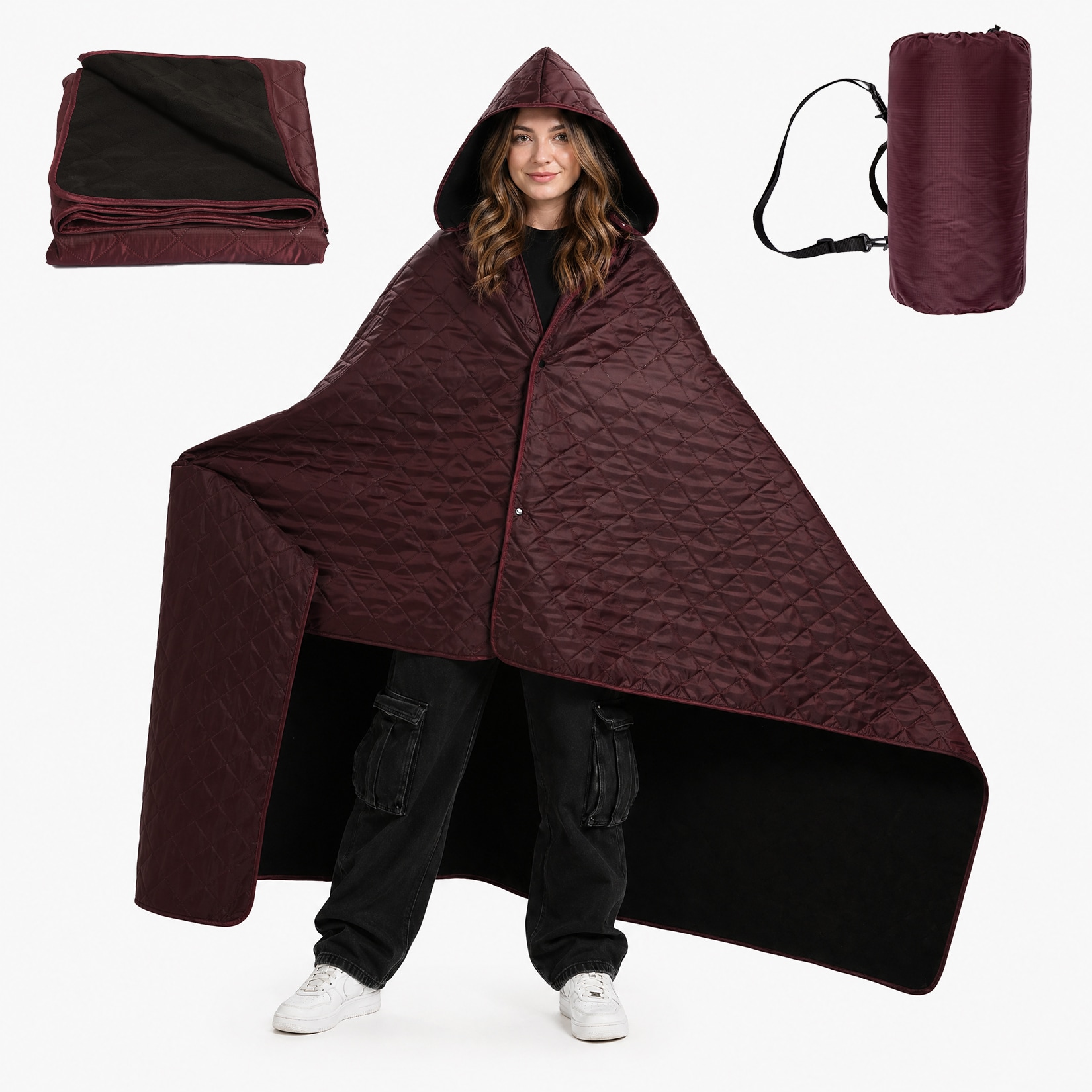 Garvee Outdoor Camping Picnic Mat Hooded Shawl Blanket Waterproof Polyester Fleece 79x55 Inch Large Portable Windproof Beach Mat with Handbag Red