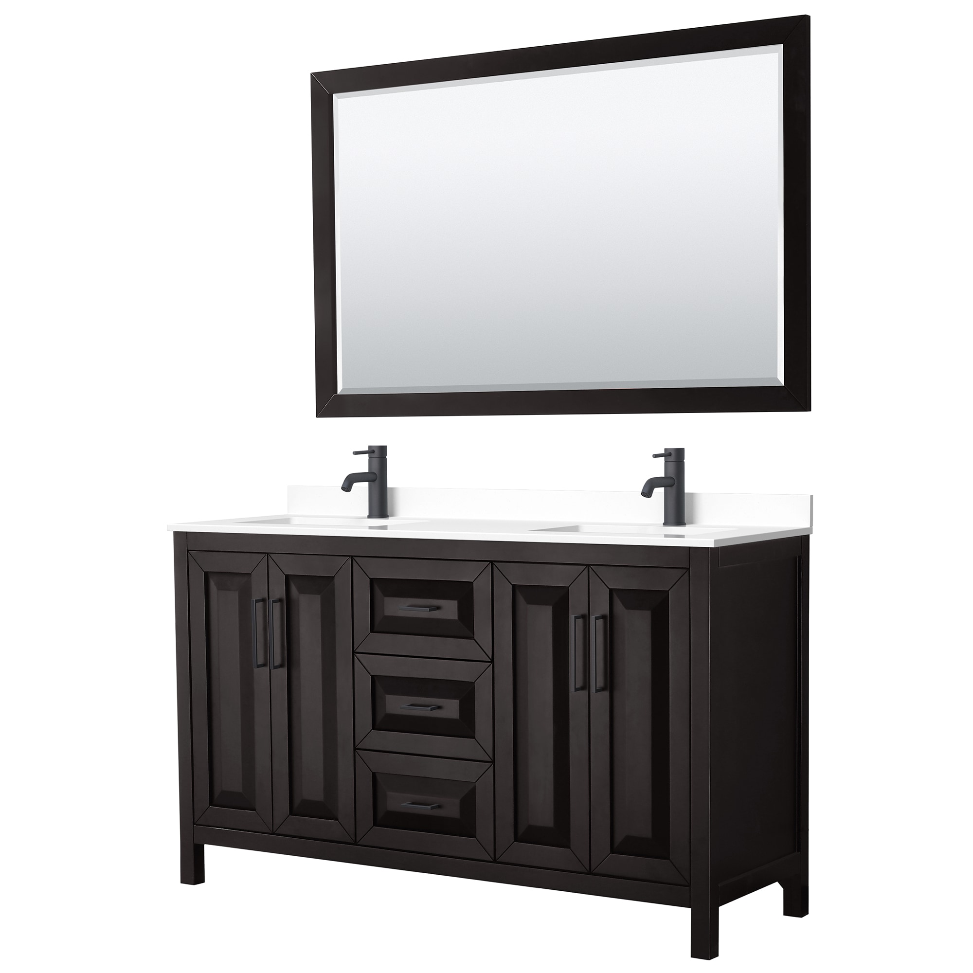 Wyndham Collection WCV252560DEBWCUNSM58 Daria 60-in Dark Espresso with Matte Black Trim Undermount Double Sink Bathroom Vanity with White Cultured Marble Cultured Marble Top (Mirror Included)