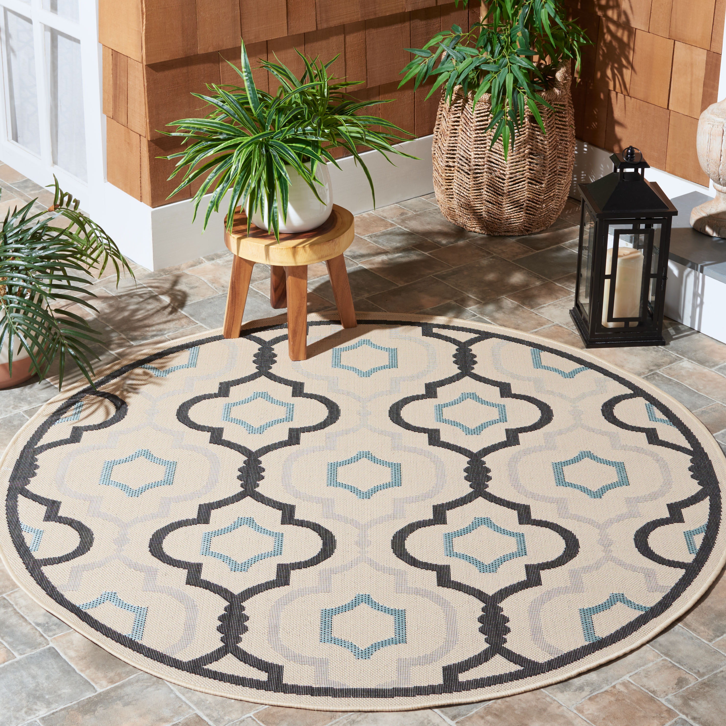 Safavieh CY7938-256A18-5R Courtyard Doubs 5 x 5 (ft) Loomed Polypropylene Ivory/Black Round Indoor/Outdoor Abstract Coastal Area rug