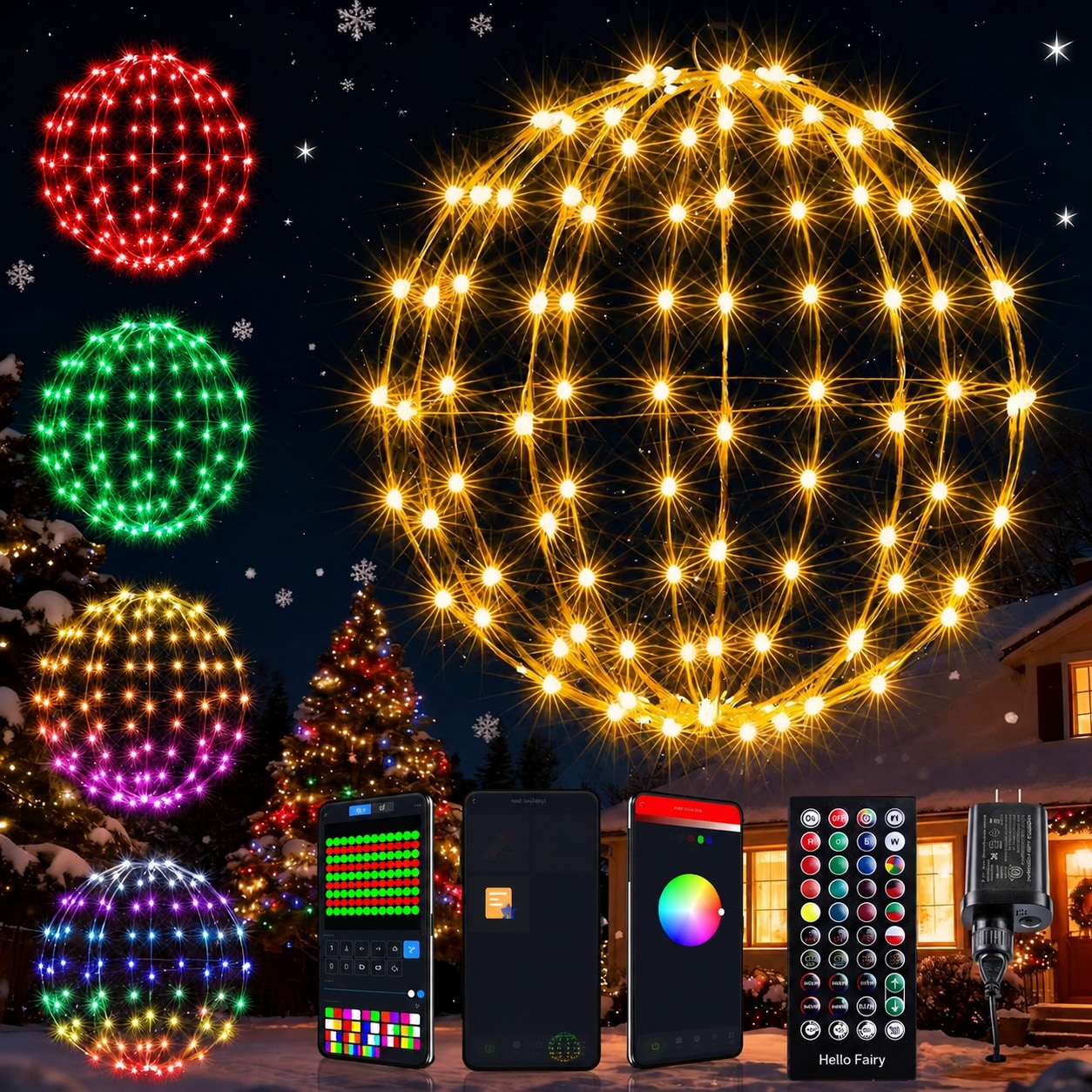 Oyezvary  Solar Powered Christmas Globe Lights 2 Pack 13IN and 11IN Foldable Metal Sphere Waterproof 8 Modes Hanging Outdoor Warm White