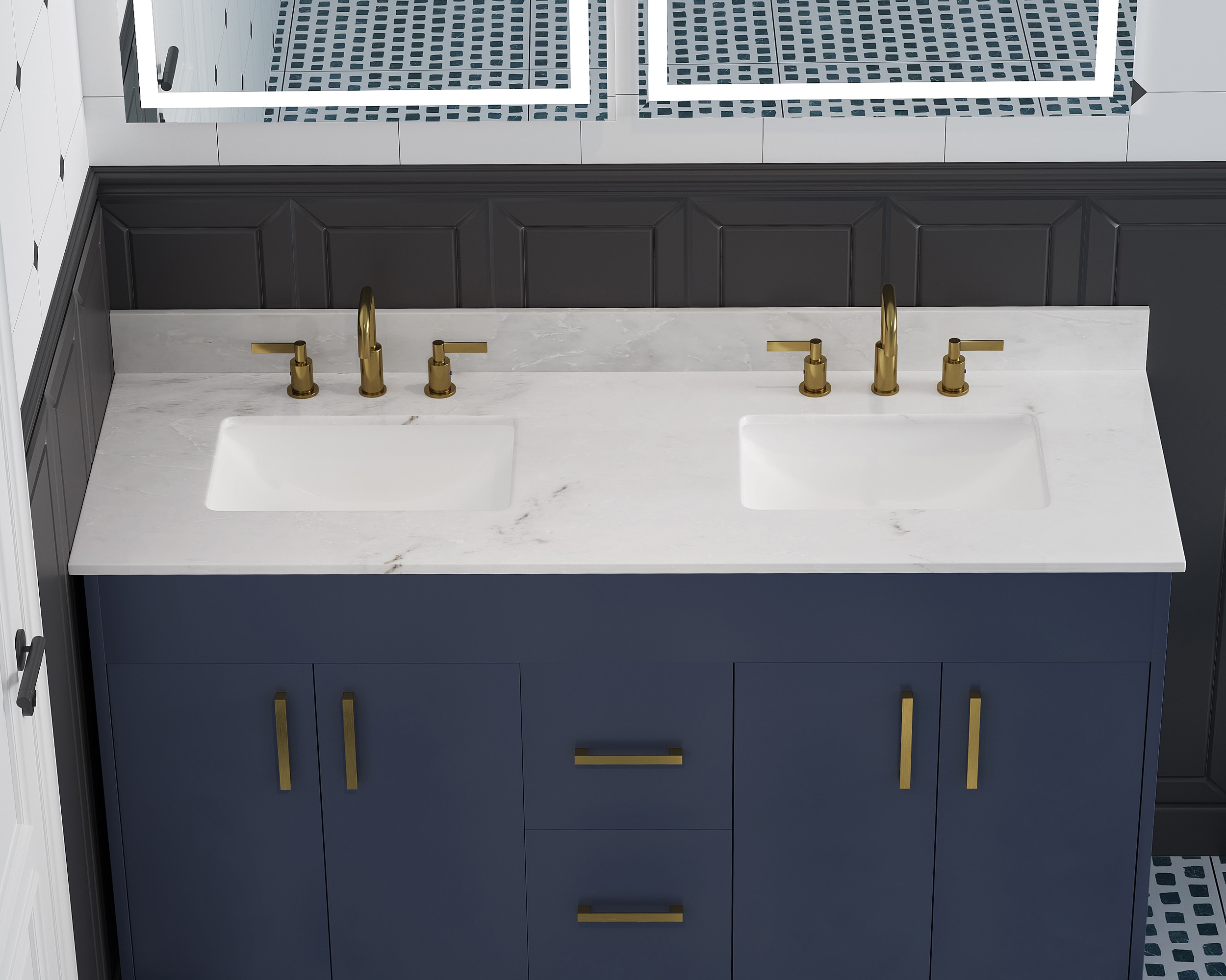 61" White Marble Double Sink Undermount Vanity Top