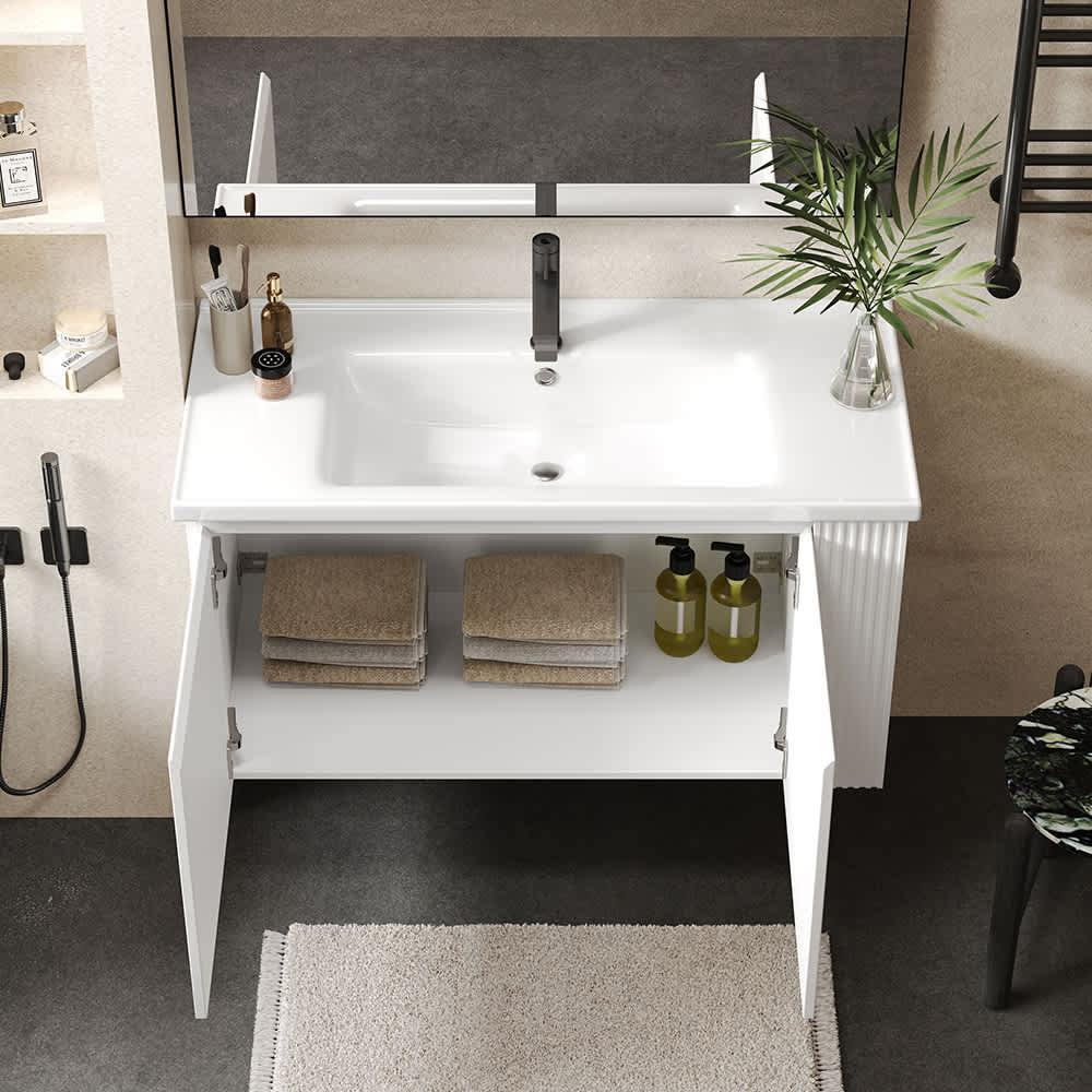 JUJABU ZJMORDENBATH-1 White 36inch Modern Versatile Wall-Mounted Bathroom Vanity with Ceramic Sink 45 Degrees Free-Handle Design Soft-Closing Doors