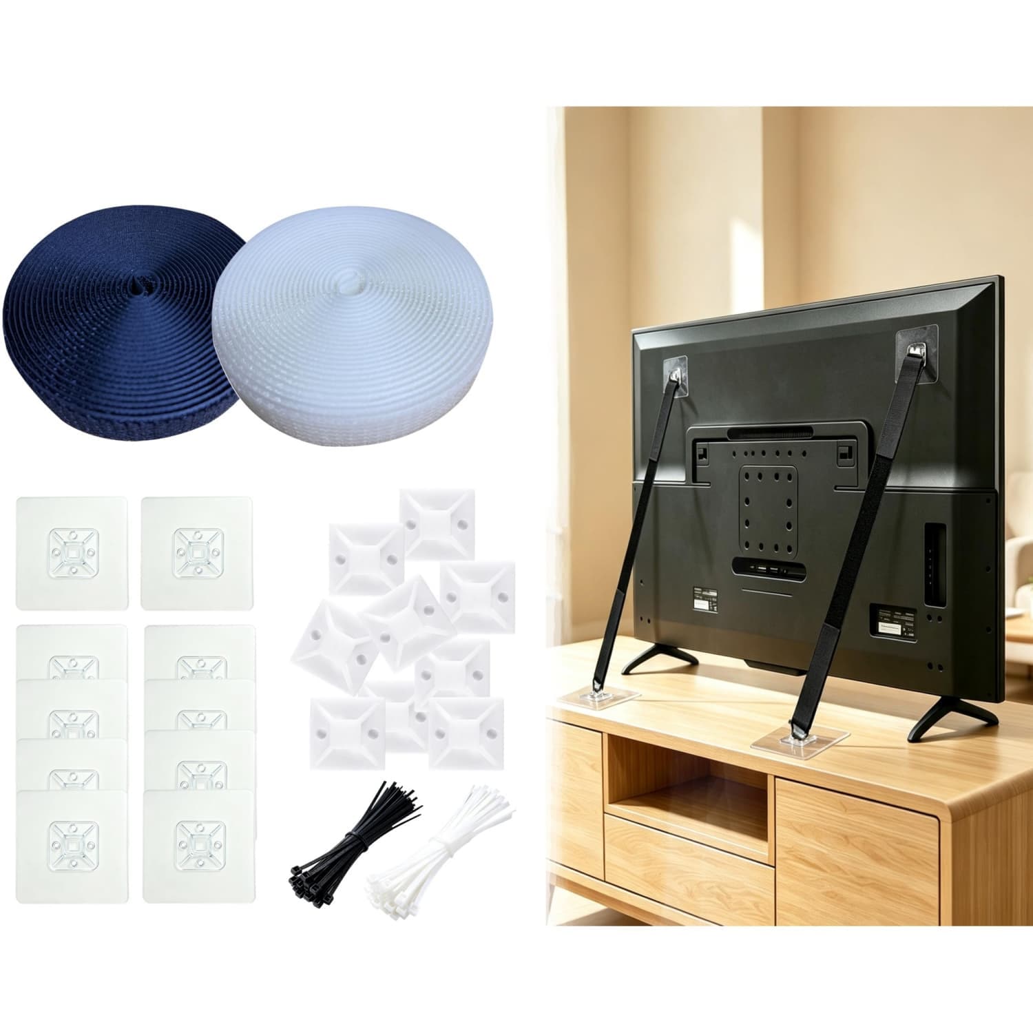 OGETFUUR 10 Sets Furniture Anchors 33FT Cut-to-Length Black White Hook Loop Adhesive No-Drill Anti-Tip Furniture Anchors for Baby Proofing for TV Cabinet Dresser