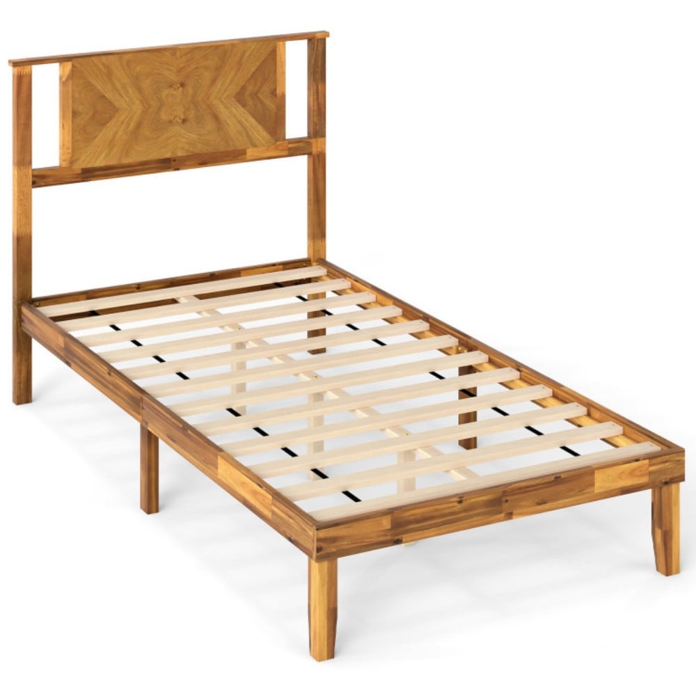 Fenbeli Twin Size Mid Century Acacia Wood Platform Bed with Headboard