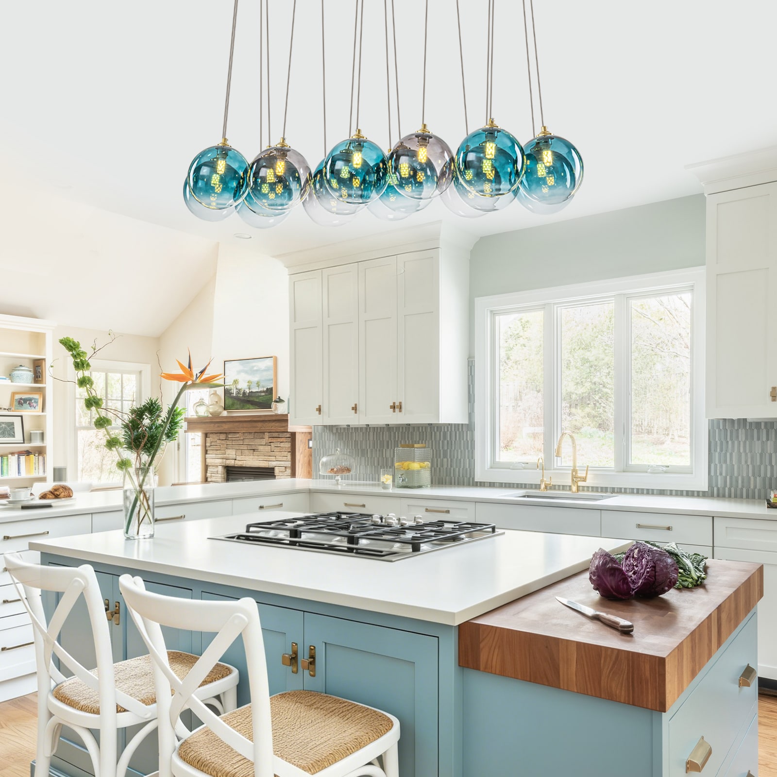 MENCOLULU Teal and Gray Ombre Glass Globes Linear Pendant Lighting 16 -Light Gold Transitional Stained glass Linear Large Hanging Kitchen Island Light