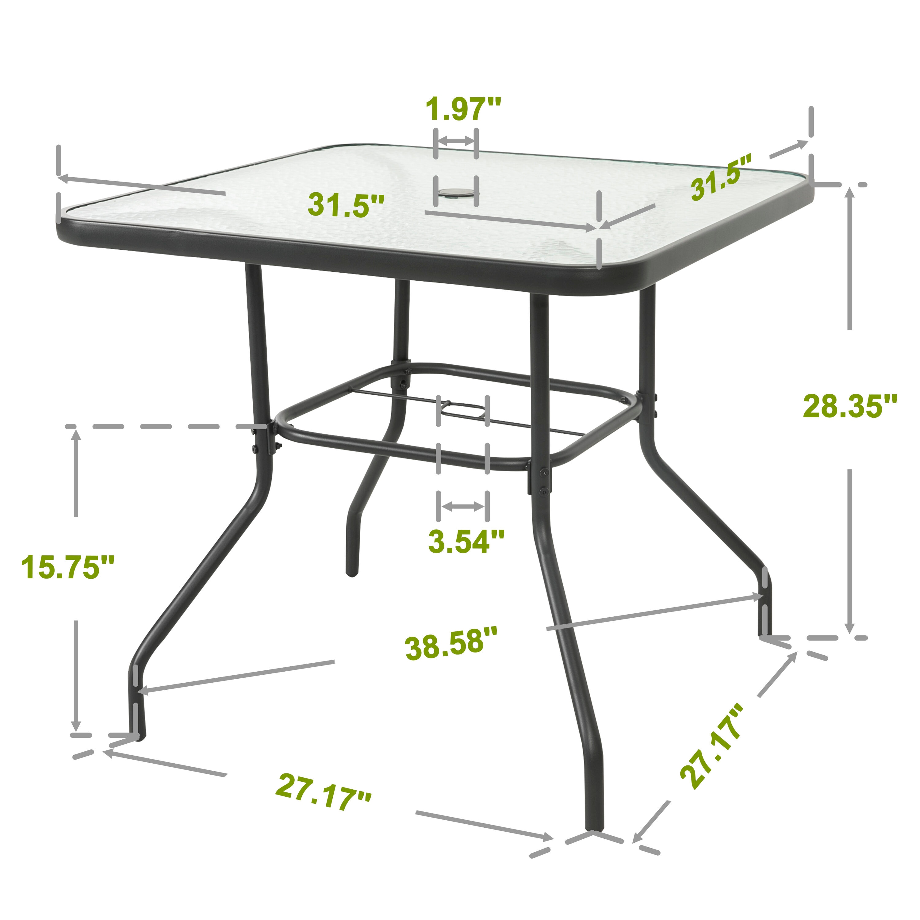 Black Square Metal Outdoor Dining Table with Tempered Glass Top