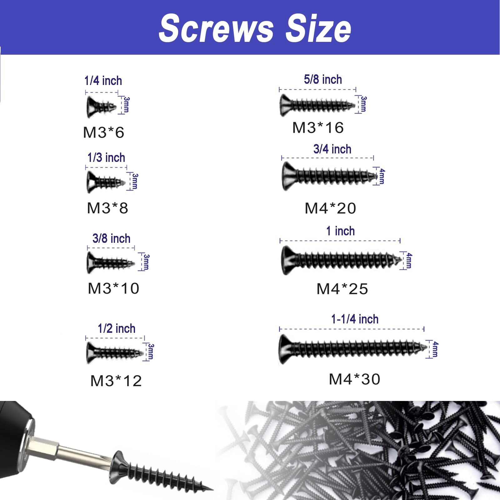 Etokfoks 480pcs Wood Screws Assortment Kit M3 M4 8 Sizes Phillips Flat ...