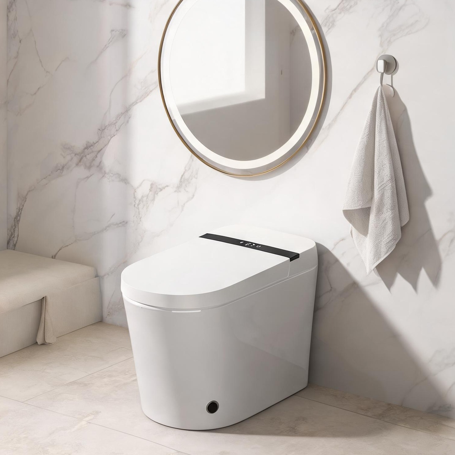 SUNCREAT - Smart Elongated Toilet with Bidet in Soft White Porcelain Hands-Free Auto Flush Heated...