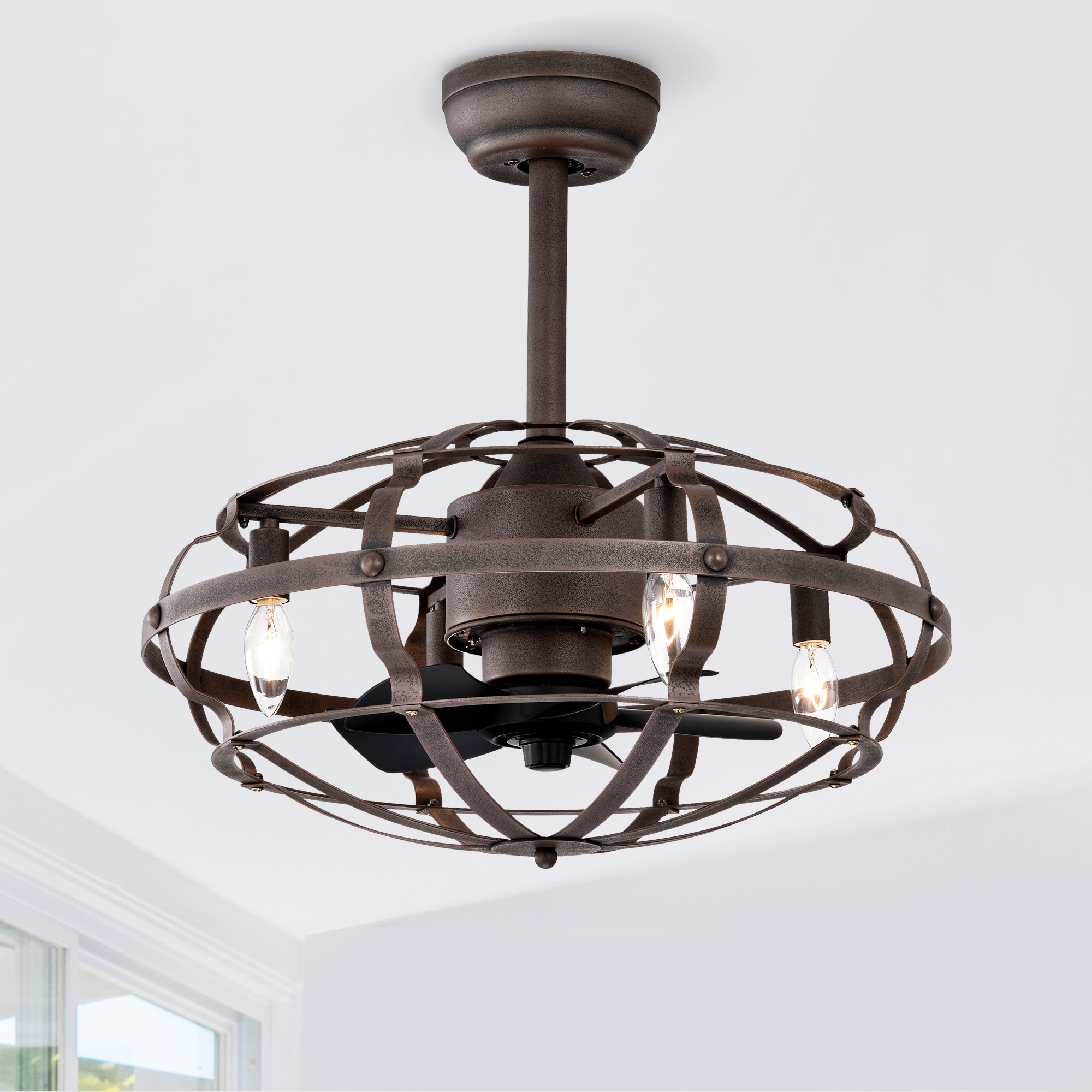 JIMSMAISON JMHECF07-21RR 20.63-in Rust Red with Black Blades Cage Ceiling Fan Without Light - Remote Included ( 5 -Blade )