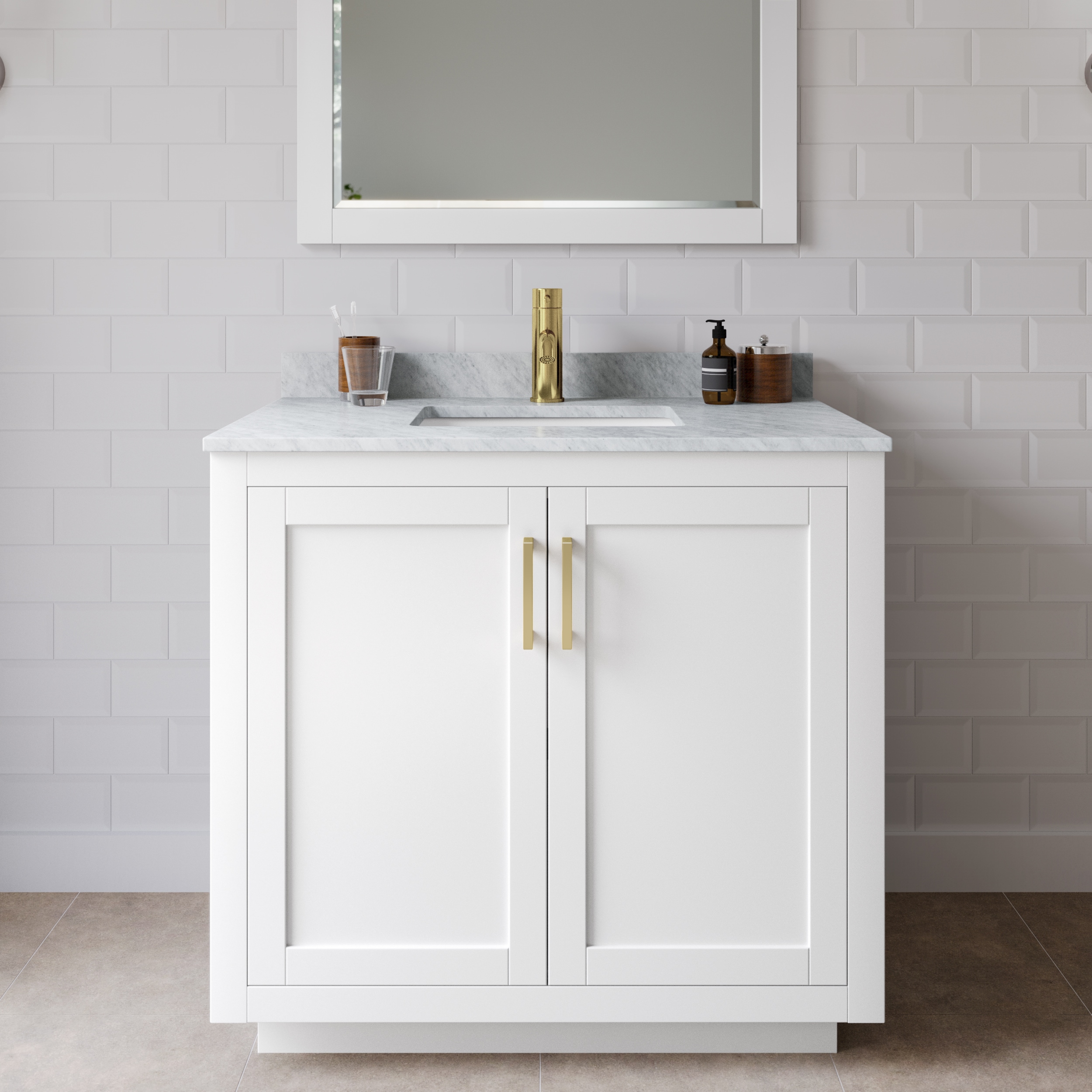 Wyndham Collection WCF292936SWGCMUNSMXX Miranda 36-in White with Brushed Gold Trim Undermount Single sink Bathroom Vanity with White Carrara Marble Marble Top