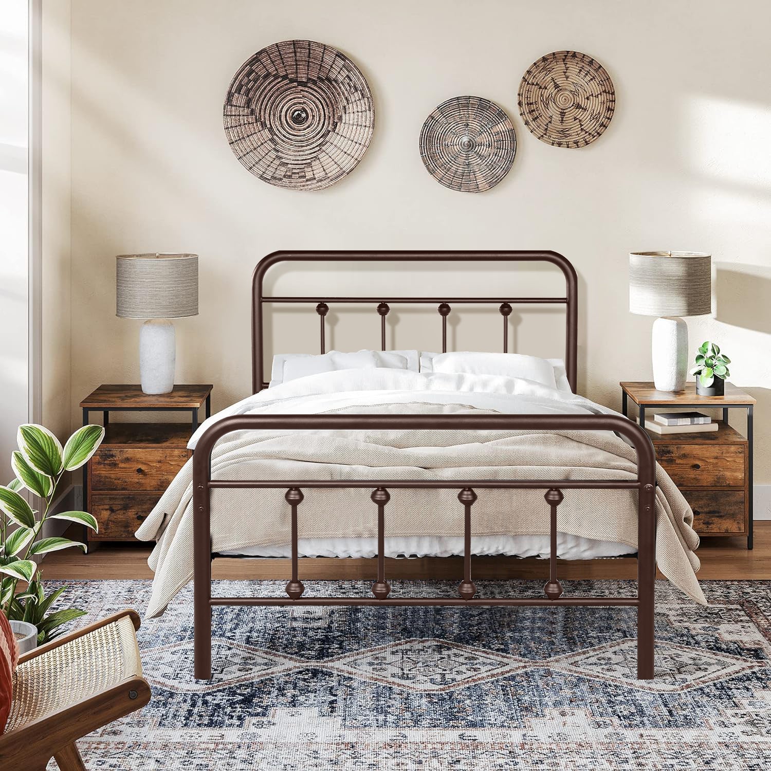 Vecelo LOE-BTJ-MBT08-APLE Metal Bed Frame Twin Size with Vintage Headboard and Footboard Premium Stable Steel Slat Support Mattress Foundation