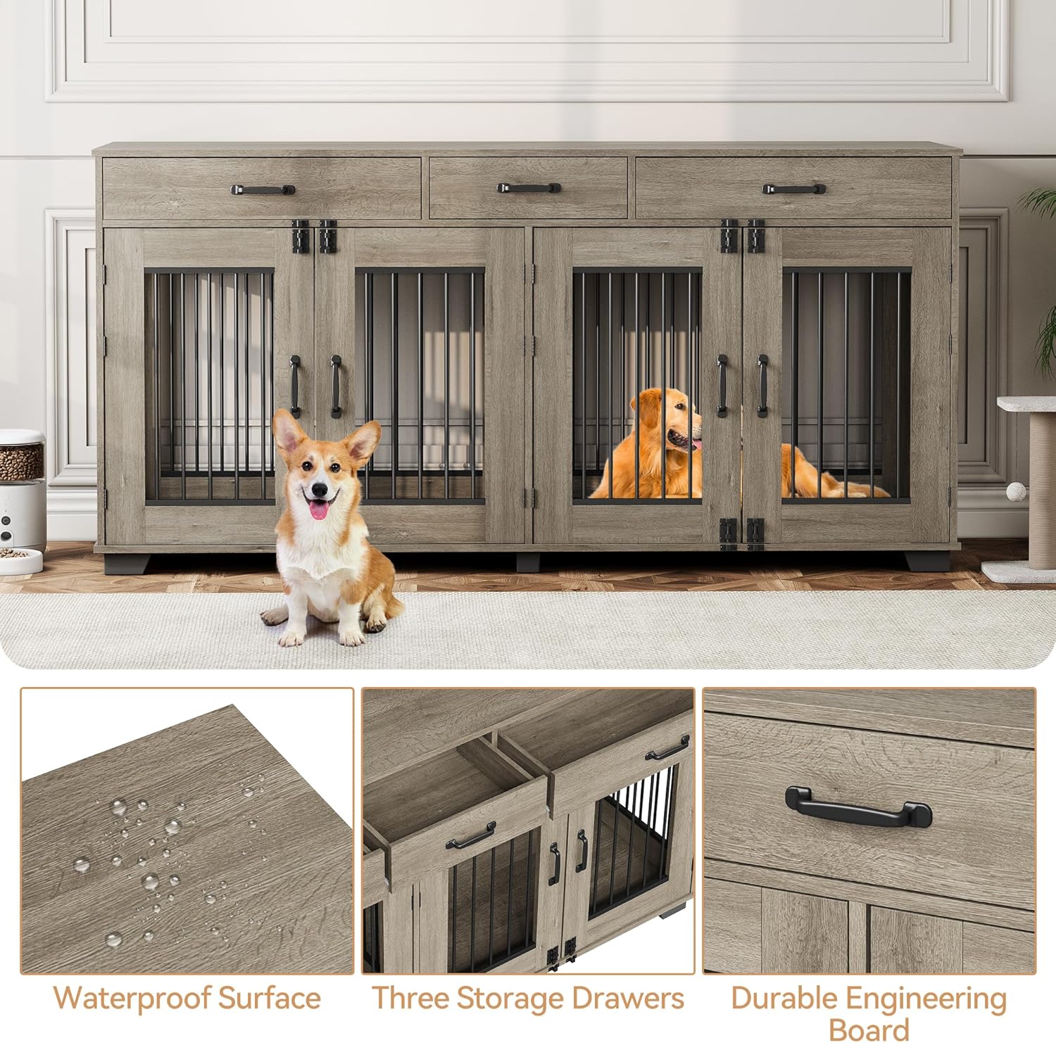 Garvee 71Inch Indoor Pet Crate Furniture for 2 Dogs with 3 Storage