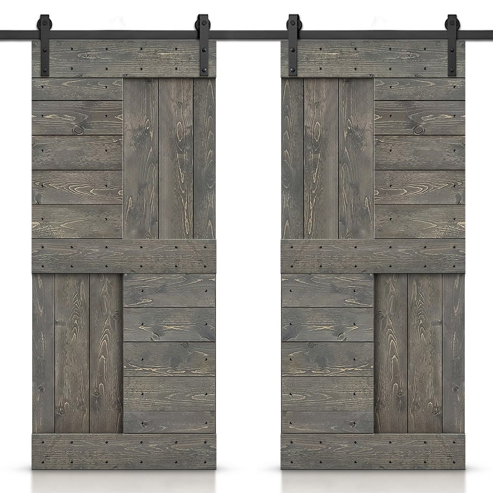 CALHOME MK-72(2+N1-36GT(2+CN 72-in x 84-in Weather Gray Pine Wood Solid core Double Barn Door (Hardware Included)