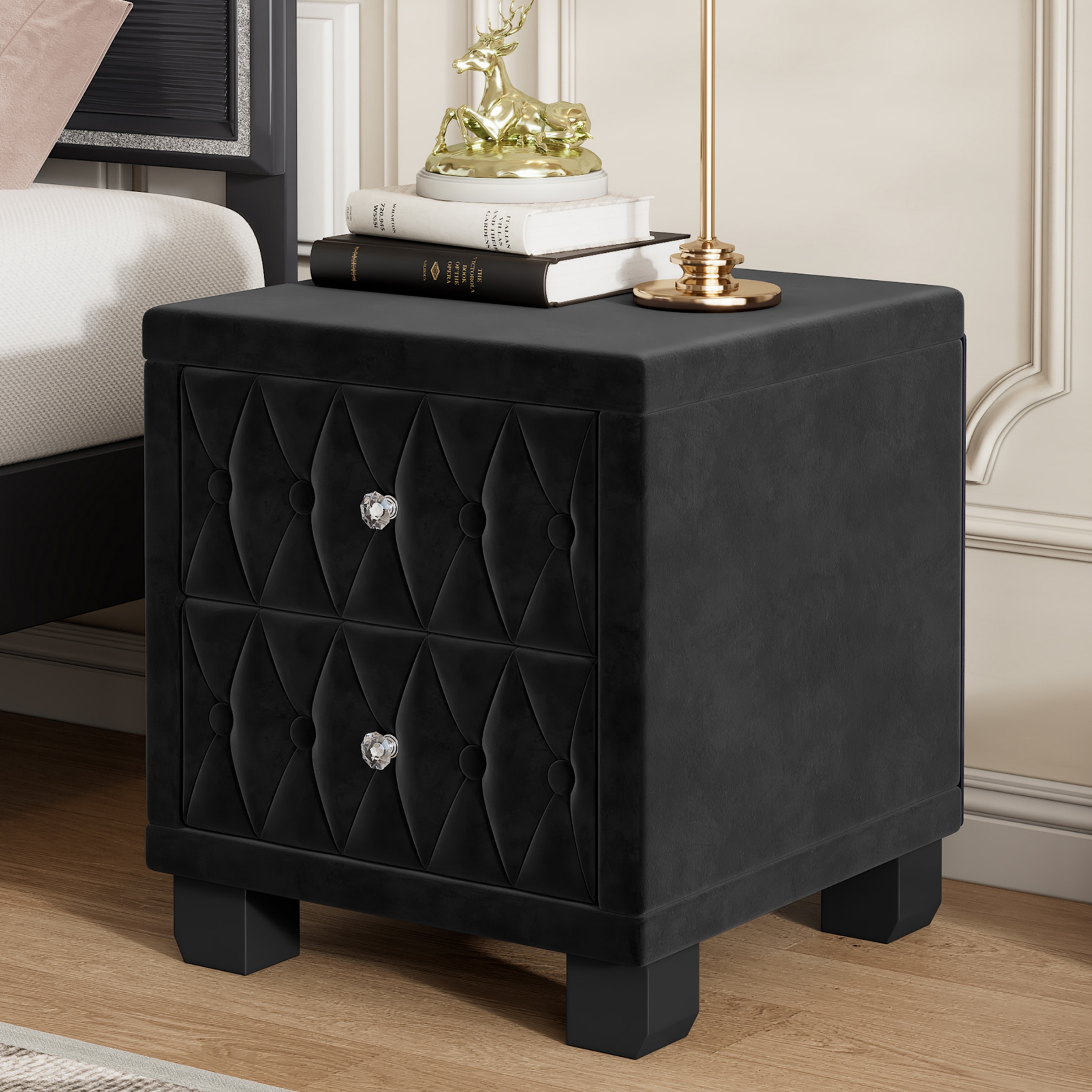 Tatayosi RY-P210398B Elegant Velvet Nightstand with 2 Drawers and Crystal Handle Storage Bedside Table with Button-Tufted Black