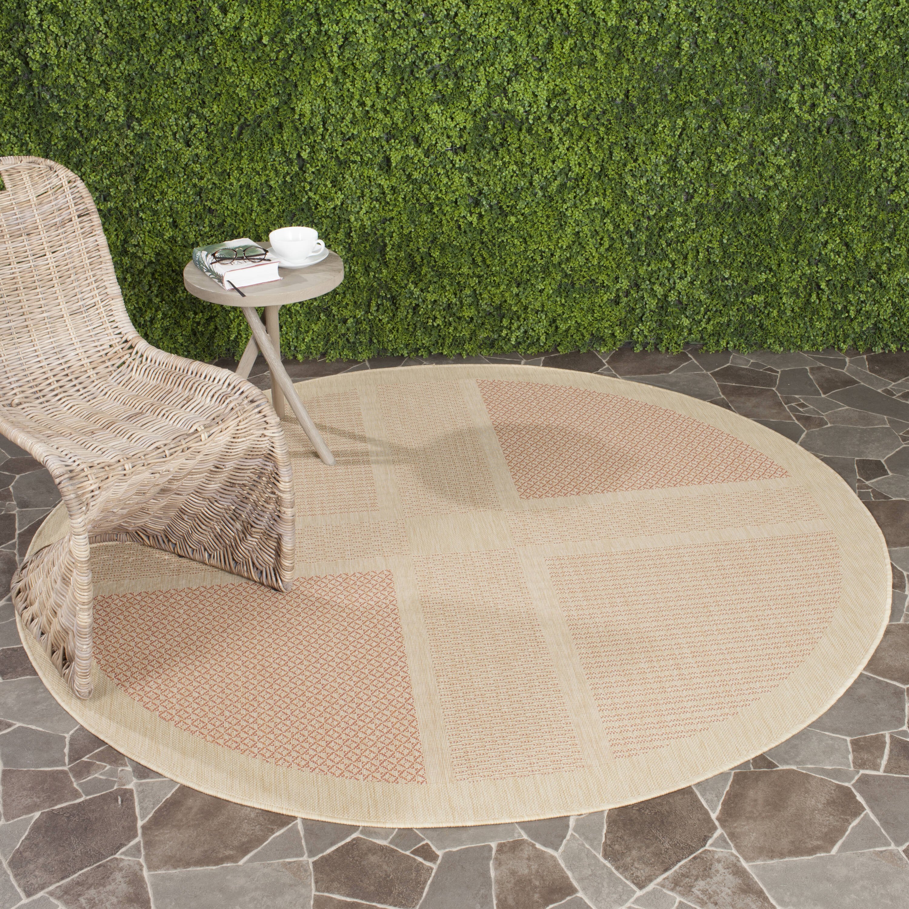 Safavieh CY1928-3201-7R Courtyard Checkmate 7 x 7 (ft) Loomed Polypropylene Natural/Terra Round Indoor/Outdoor Geometric Coastal Area rug