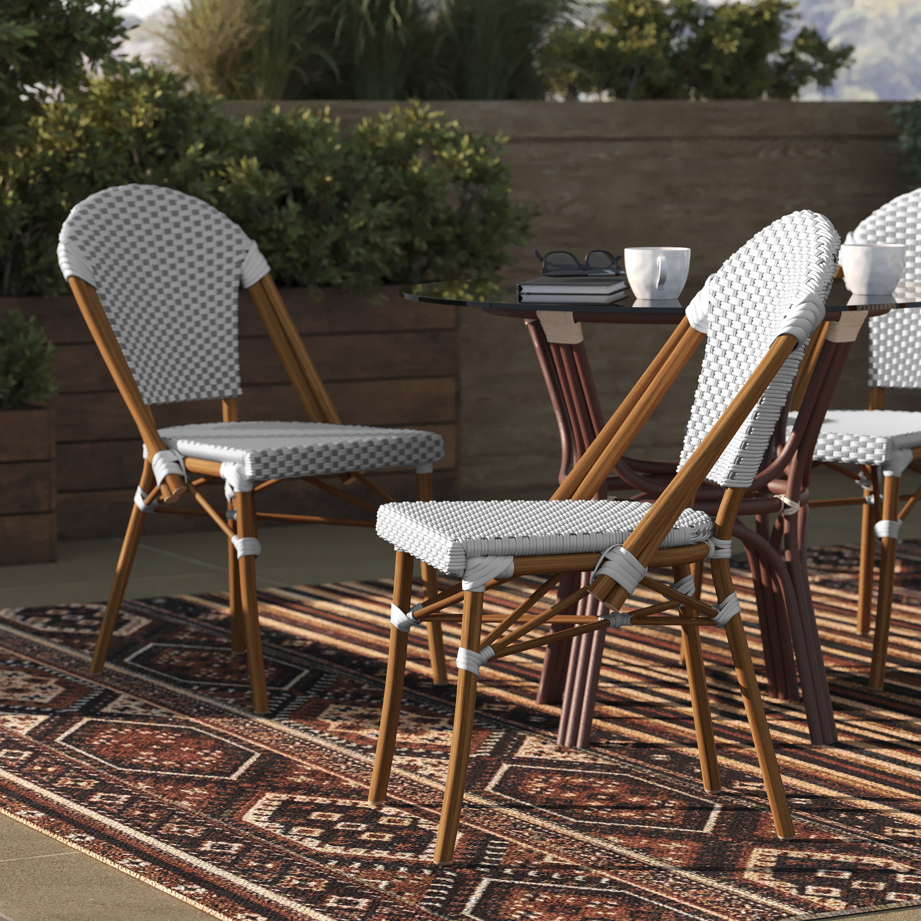 Taylor & Logan 196861086816 Neave Set of 2 Rattan Stackable Brown Aluminum Frame Stationary Dining Chair with Woven Seat