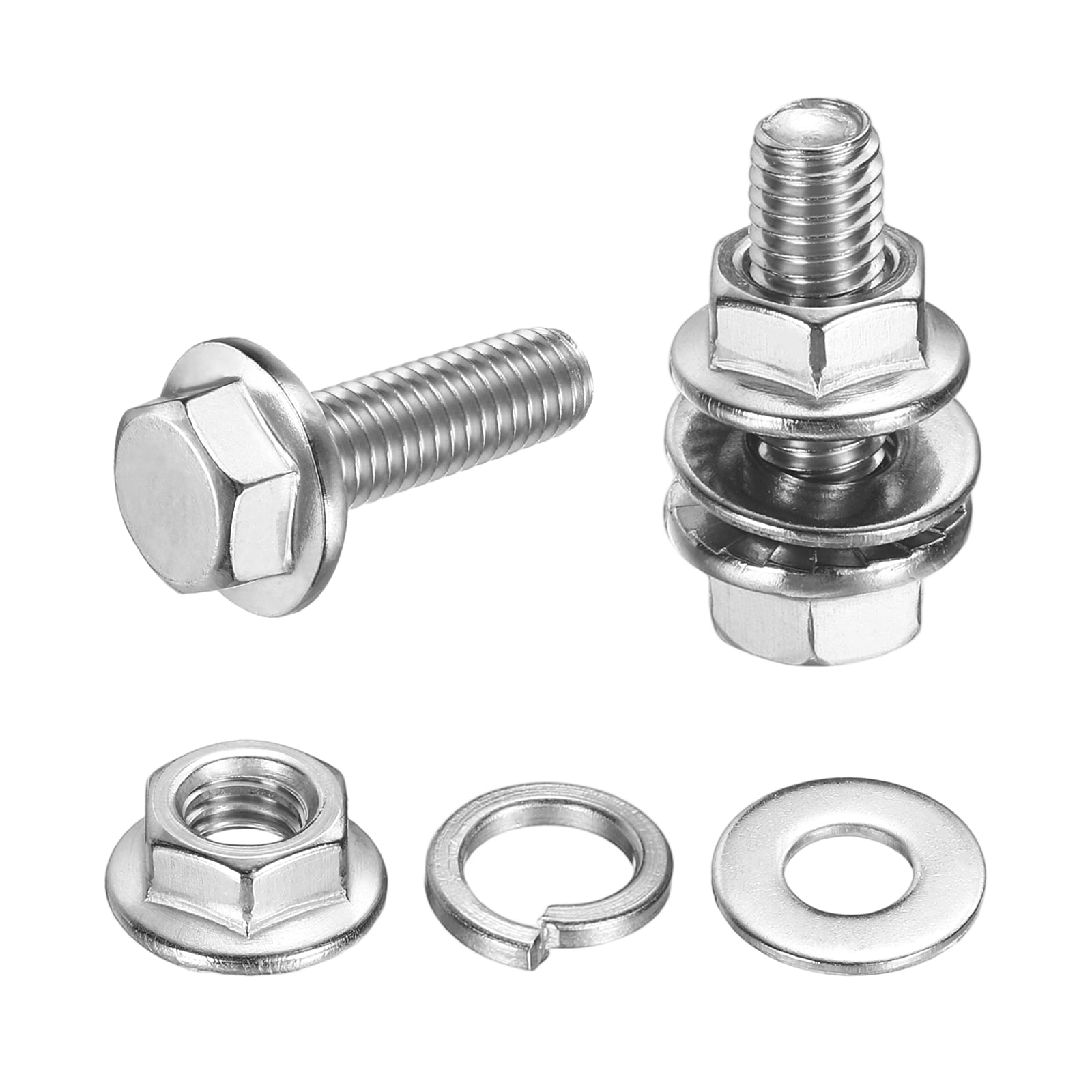 Unique Bargains M5 x 16mm Phillips Flanged Hex Head Bolts 20pcs 304 Stainless Steel Flange Hexagon Screws with Nuts Flat and Lock Washers Fully Threaded for Machinery Industry Home Silver