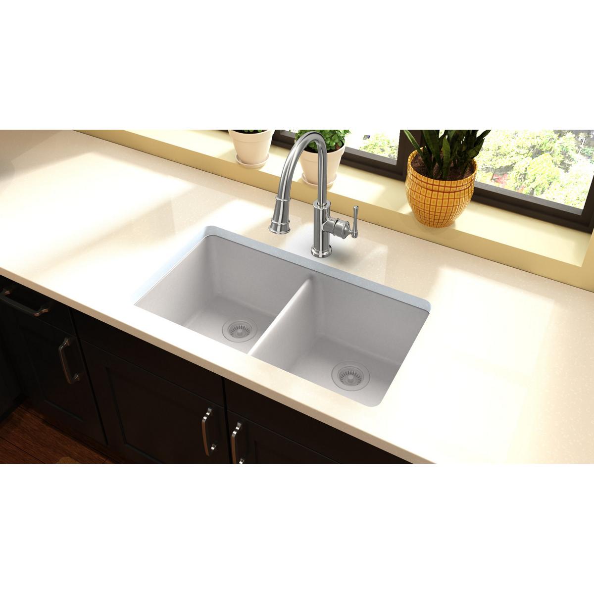 Elkay Quartz Classic Undermount 33-in x 22-in White Double Offset Bowl Kitchen Sink | ELGHU3322RWH0C