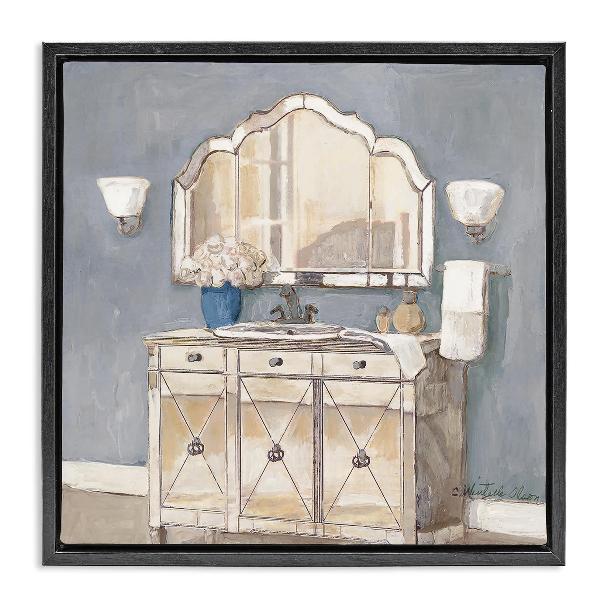 Stupell Industries BT-954-FFB-17X17 Traditional Bathroom Sink and Mirror Black Framed Floater Canvas Wall Art By Charlene Olson 18 x 18