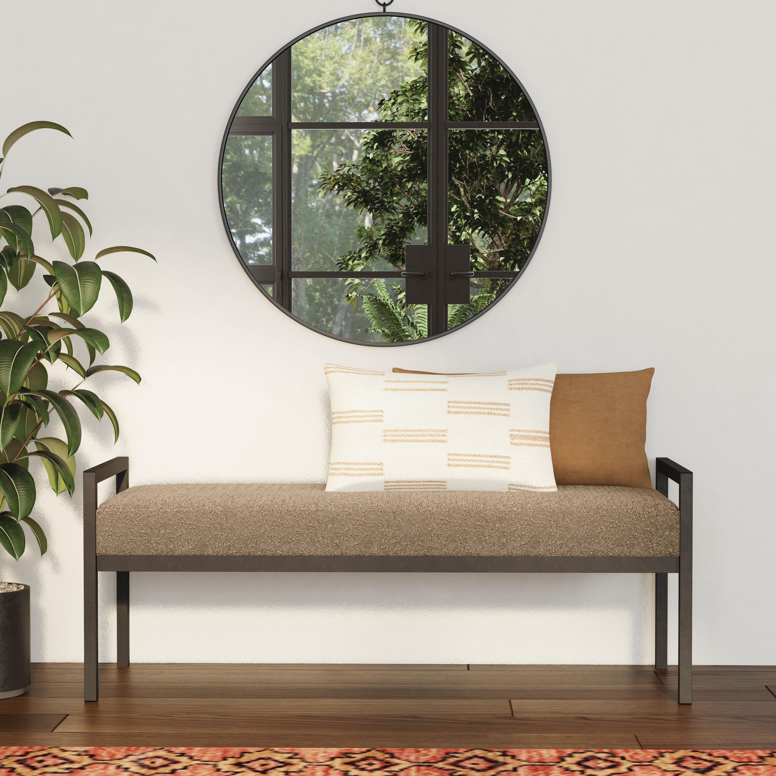 Modern Brown Boucle Upholstered Metal Bedroom Bench with Storage