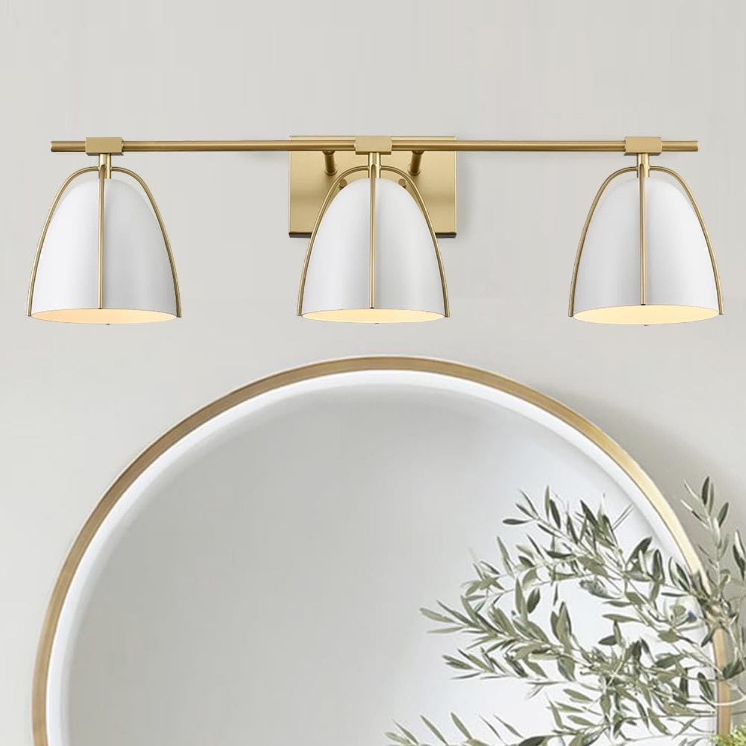 Brushed Brass 29" Vanity Light with White Metal Dome Shades