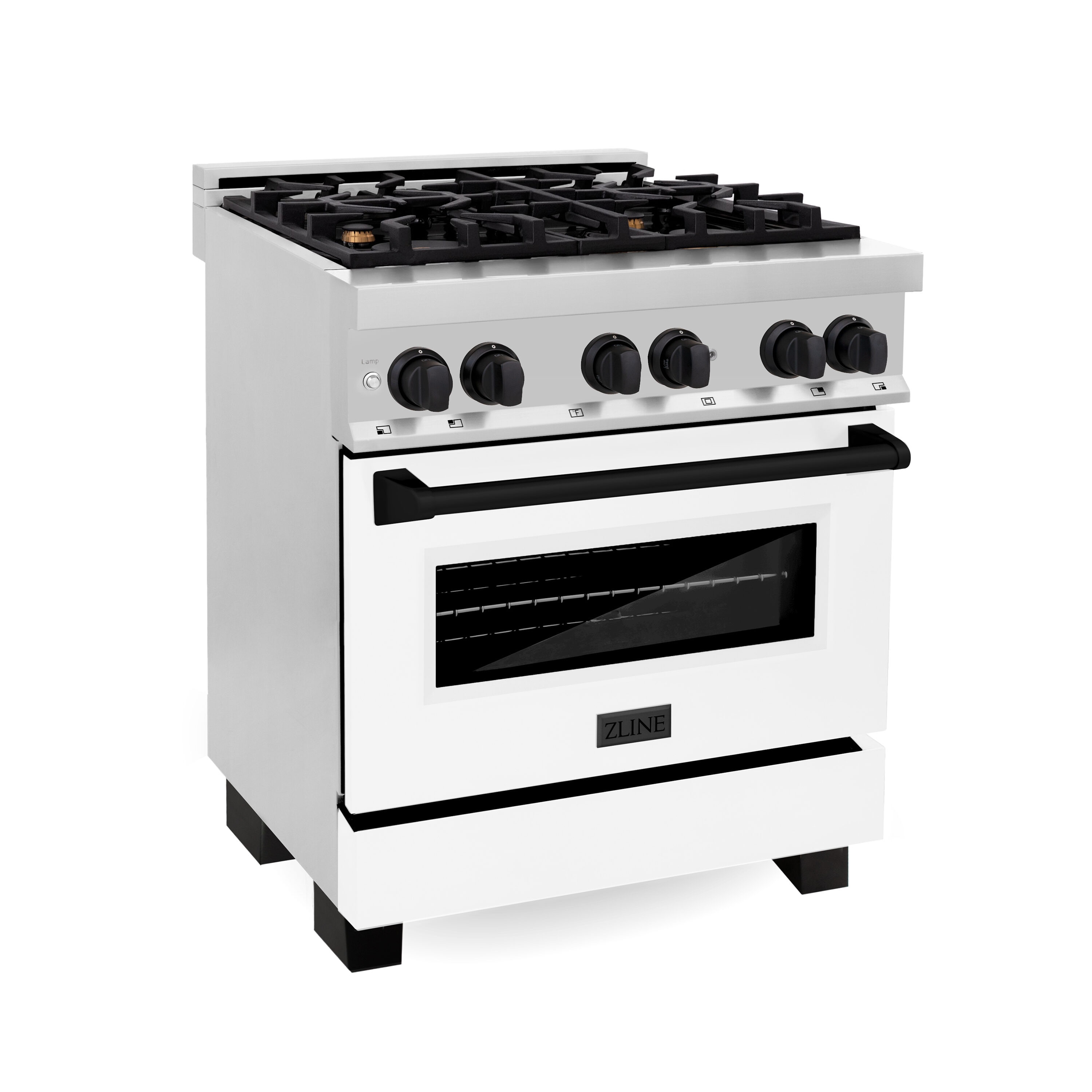 ZLINE KITCHEN & BATH RAZ-WM-30-MB Legacy 30-in Deep recessed 4 burners Convection Oven Freestanding Dual Fuel Range ( Stainless Steel with White Matte Door and Matte Black Accents )