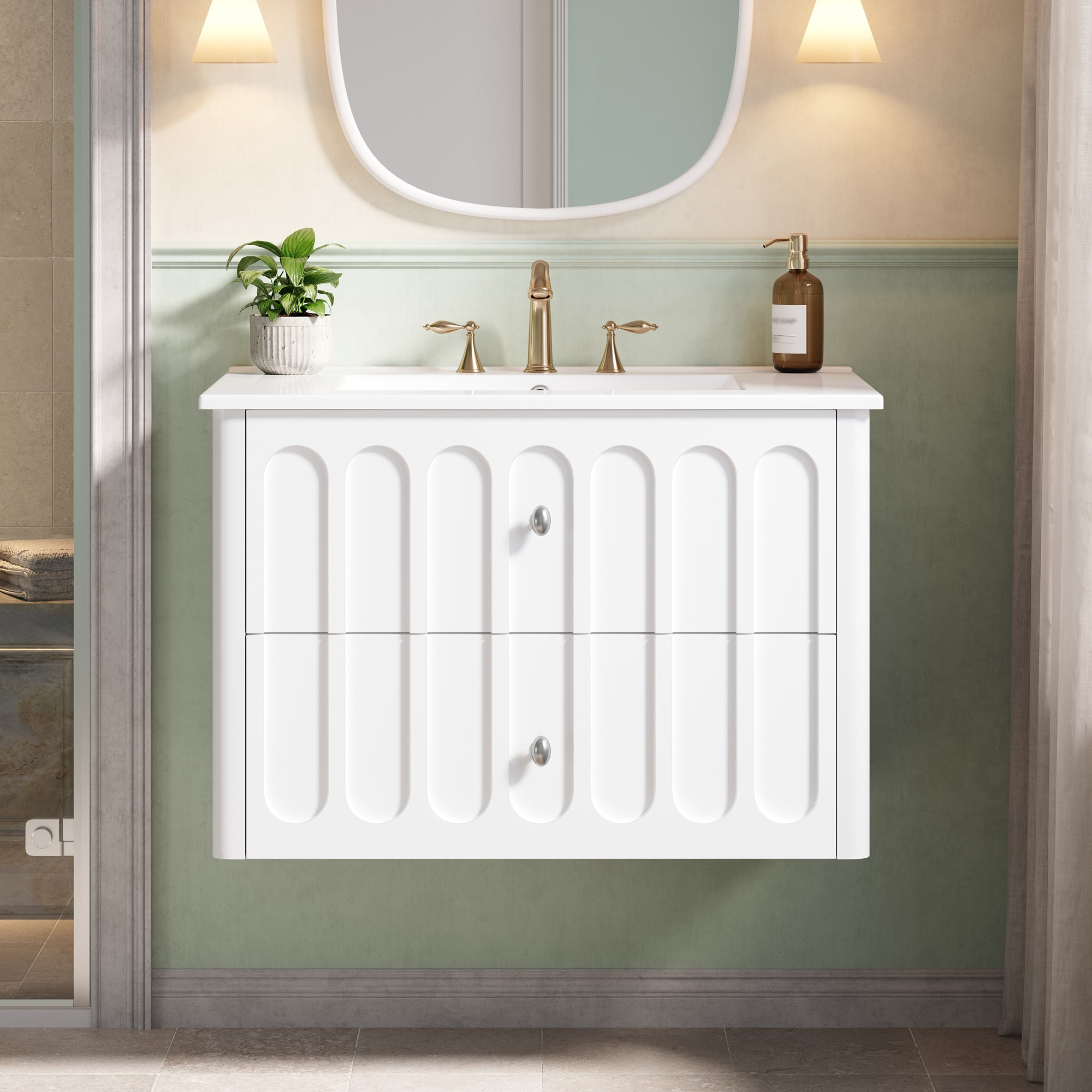 GDFStudio Oakmont 30 in. Modern Wall-Mounted Floating Bathroom Vanity with Ceramic Sink Oval Knobs and Round Edge and Double Soft-Close Drawer Storage - White