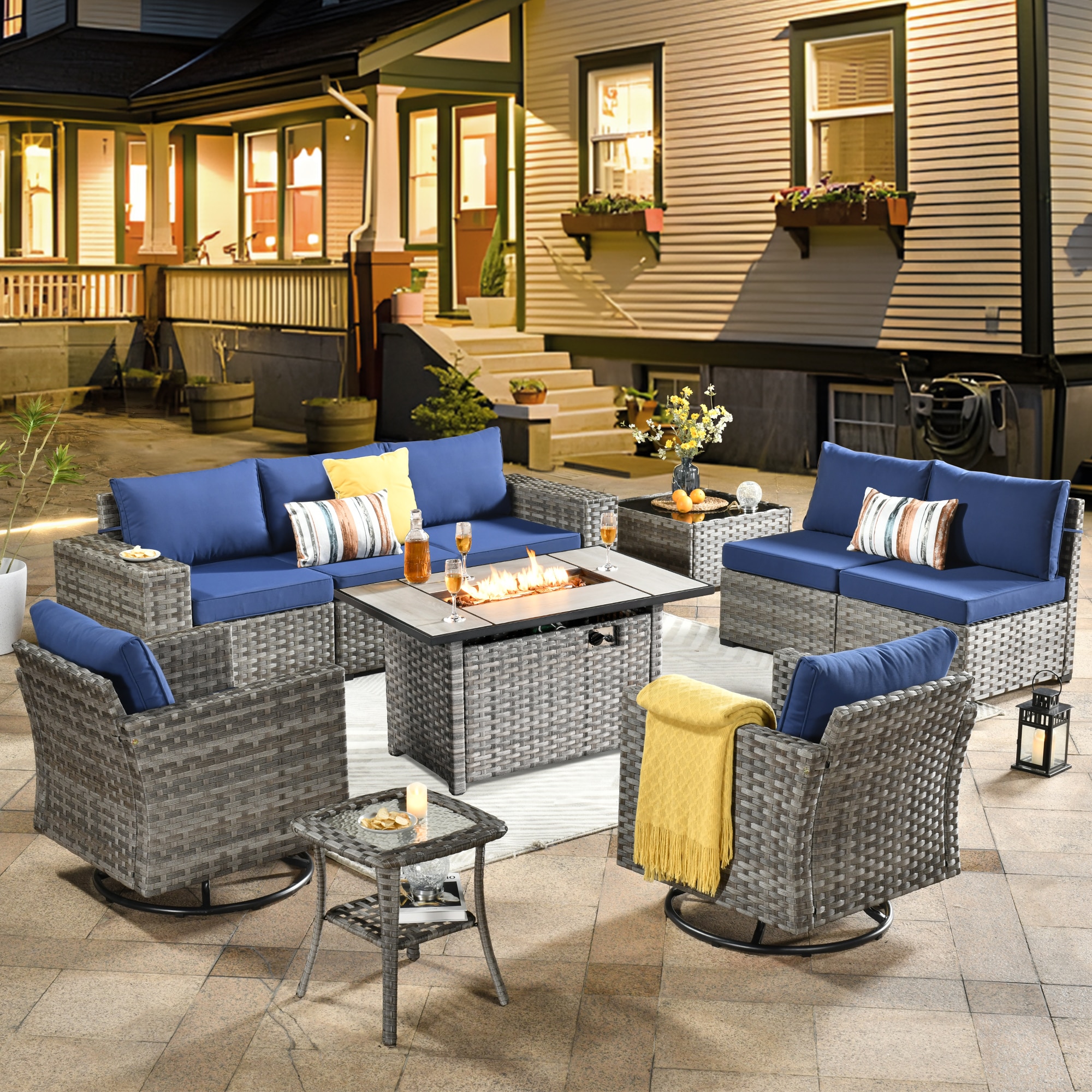 Pouuin SRFPYZBBR7-10 10 -Piece Wicker Patio Sofa Conversation Set with Blue Cushions
