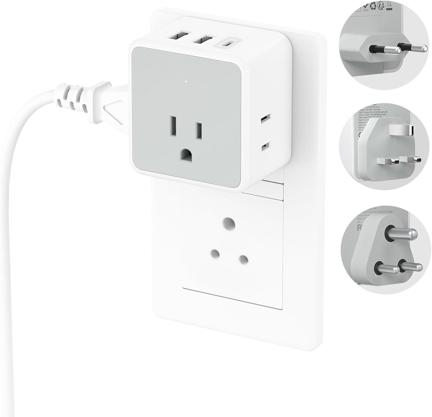 MaseiKar European UK India Travel Plug Adapter Kit - International Detachable with 3 Outlet 3 USB(1 USB C) - EU Power Adaptor - US to Europe Italy Spain France Ireland Dubai Maldives(Type C G D) #TS-121-EU-UK-IN-C