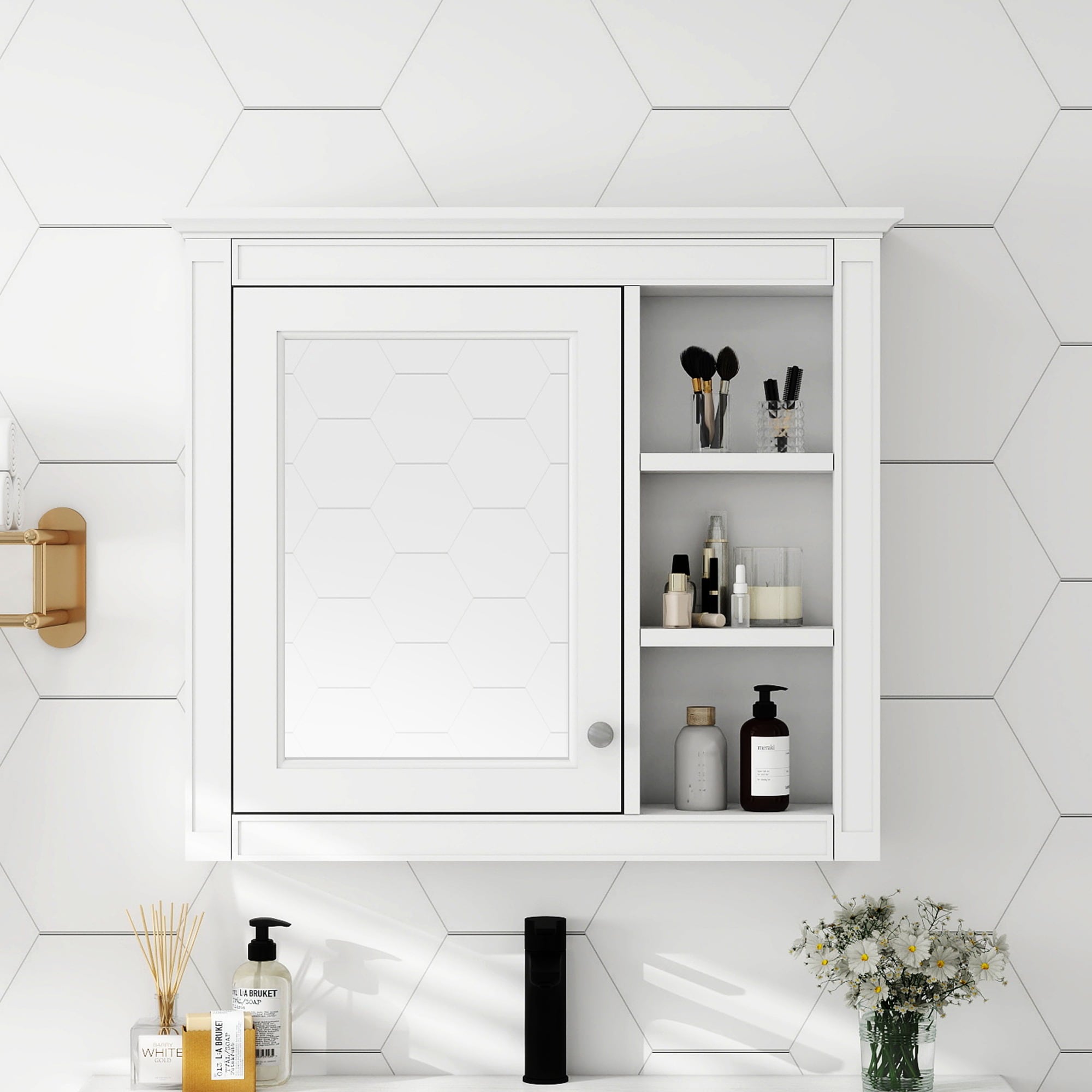 HyperDrop Cart Solid Wood MDF Glass Medicine Cabinet Wall Mounted Bathroom Storage Cabinet with Mirror and 3 Open Shelves
