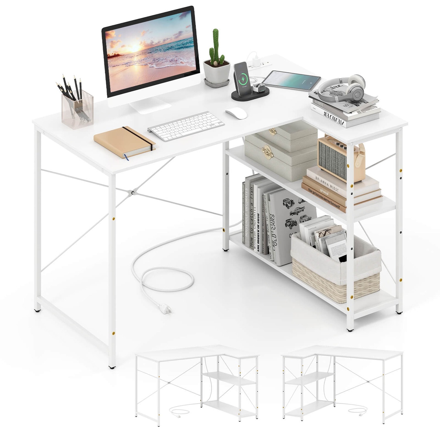  L-Shaped Computer Desk with Power Outlets Adjustable shelf Heavy-Duty Metal Frame White