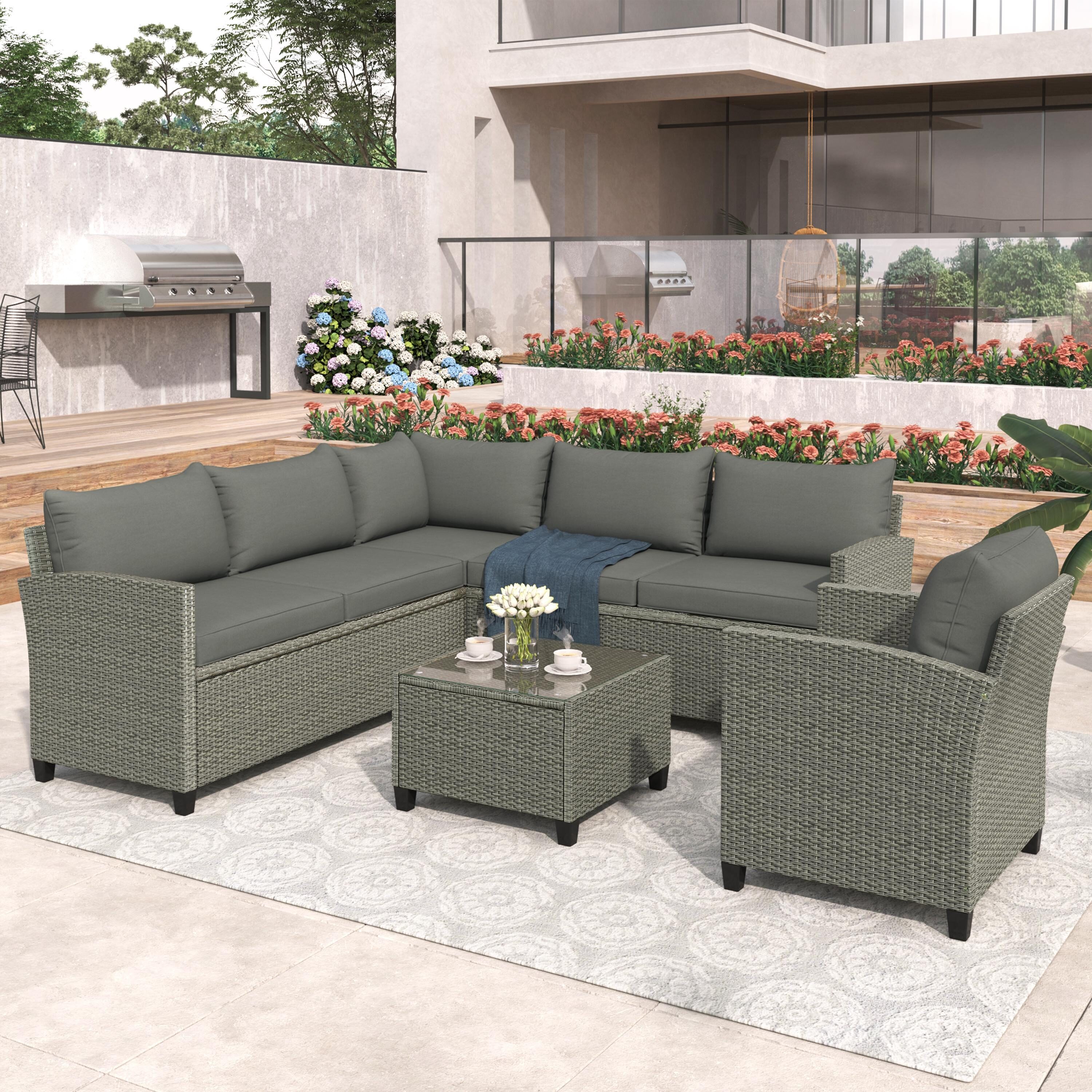 Bayfeve BFUS-275AE 5-Piece Grey Rattan Patio Sectional Conversation Set with Grey Cushions