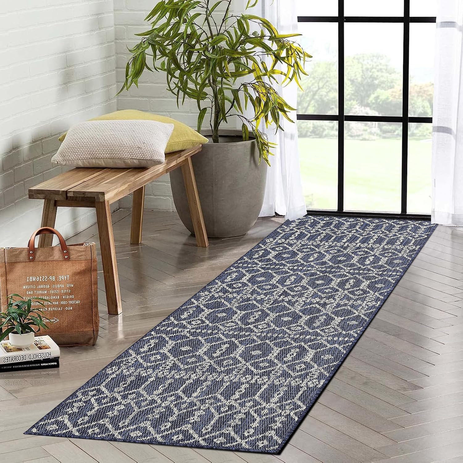 Qeetex LXL-PHO-12287S7E Outdoor Runner Rug Indoor Outdoor Rug Modern Terrace Entry Rug Low Pile Kitchen Runners Non Shedding Geometric Indoor Outdoor Rugs Easy Care for Hallway Entryway Backyard Deck Patio Blue