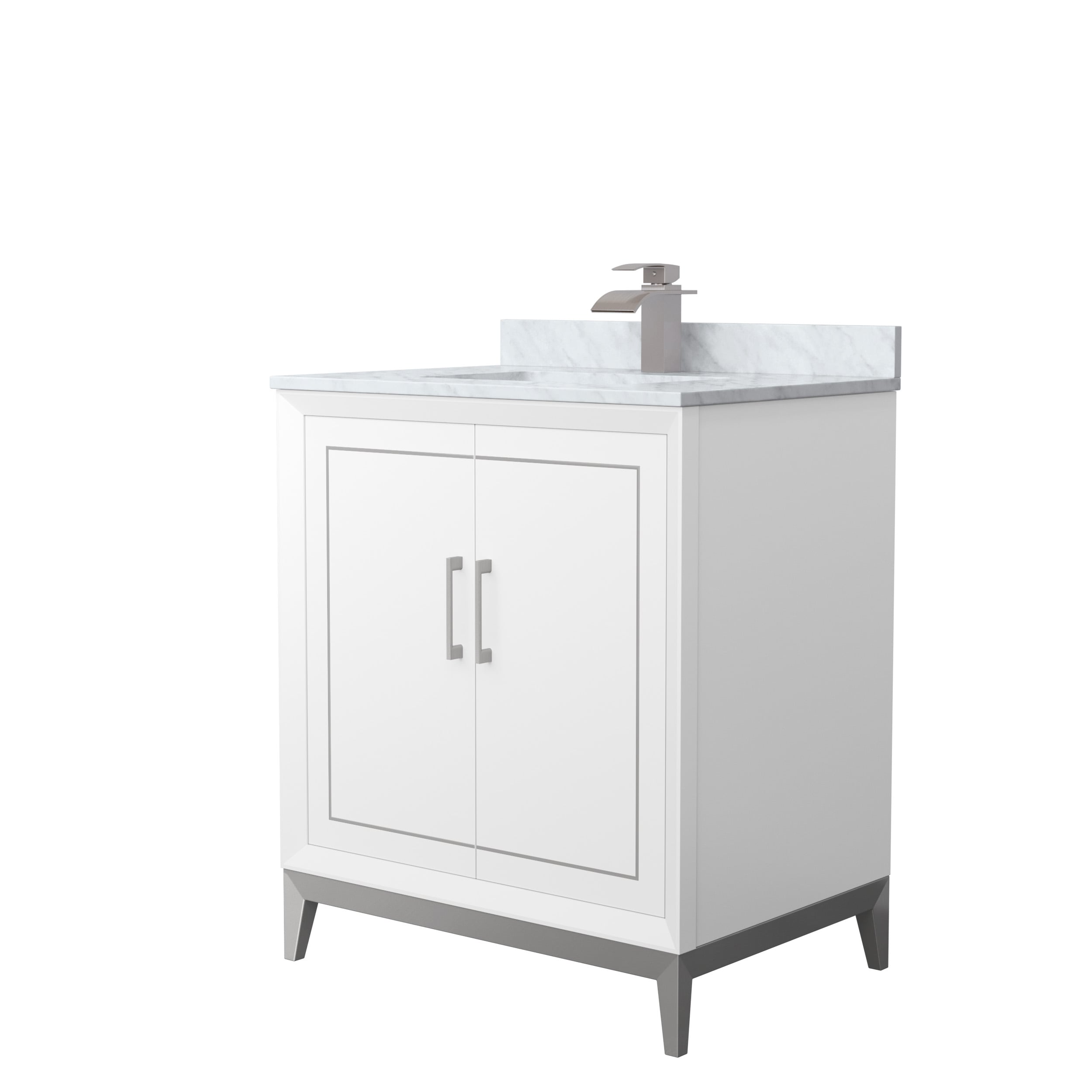 Wyndham Collection WCH515130SWHCMUNSMXX Marlena 30-in White with Brushed Nickel Trim Undermount Single Sink Bathroom Vanity with White Carrara Marble Natural Marble Top