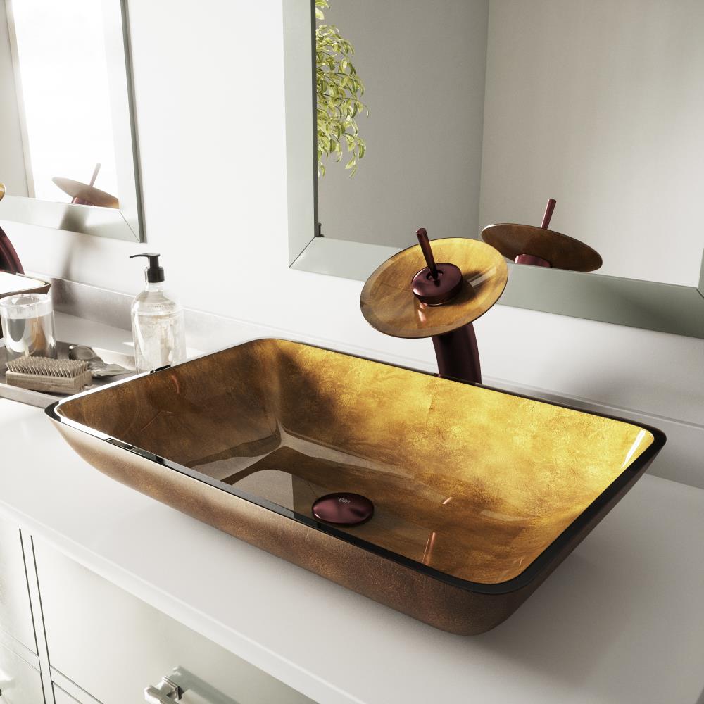 VIGO VGT009RBRCT Vessel sink Copper Glass Vessel Rectangular Modern Bathroom Sink with Faucet Drain Included (14.5-in x 22.25-in)