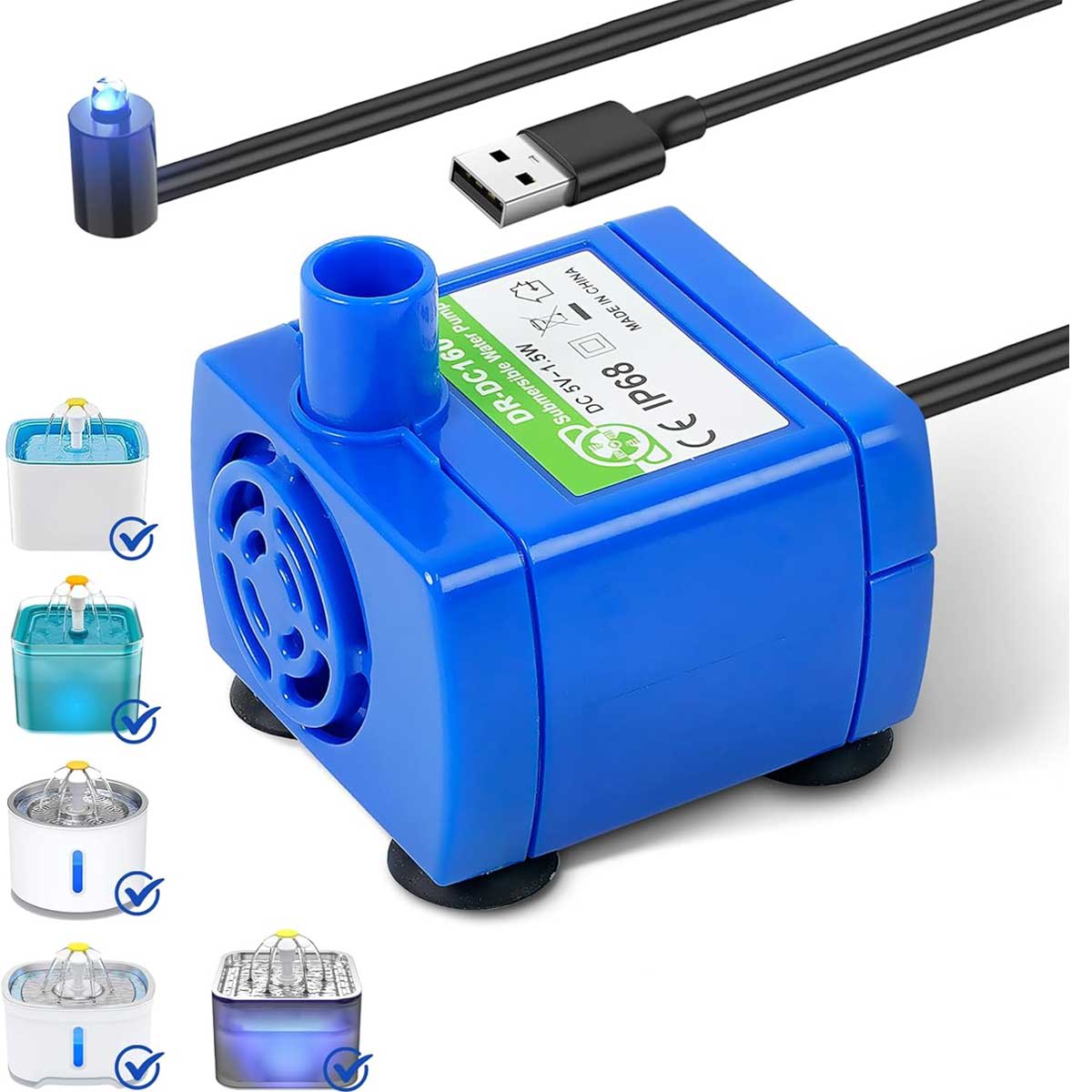 Aoibox  IP68 DR-DC160 Submersible Water Pump for Cat Fountains Compatible with Tritone Ceramic Stainless Steel Round Flower Cap Automatic Pet Water Dispenser