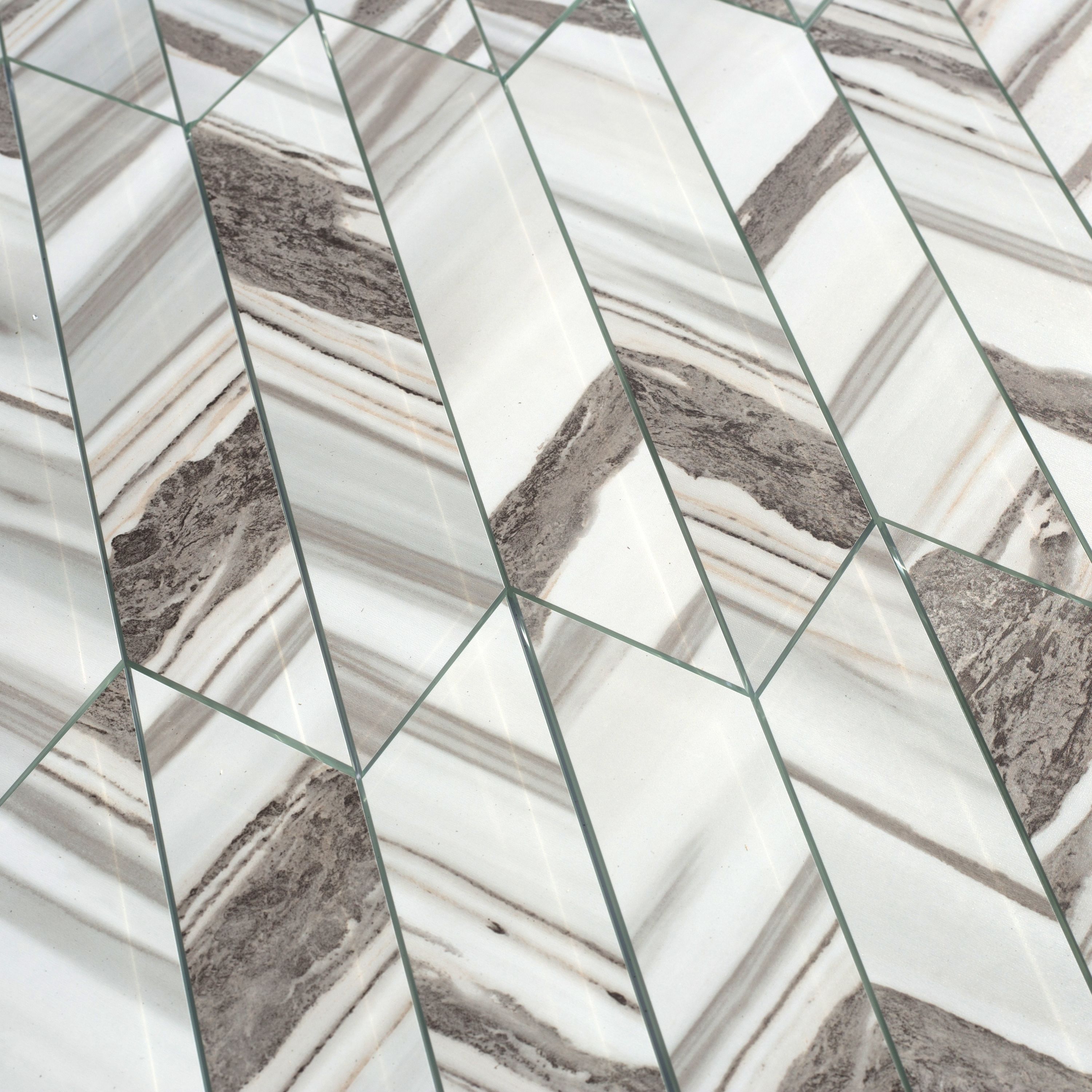 Nature 3.75" x 11.75" Gray and White Glass Chevron Tile