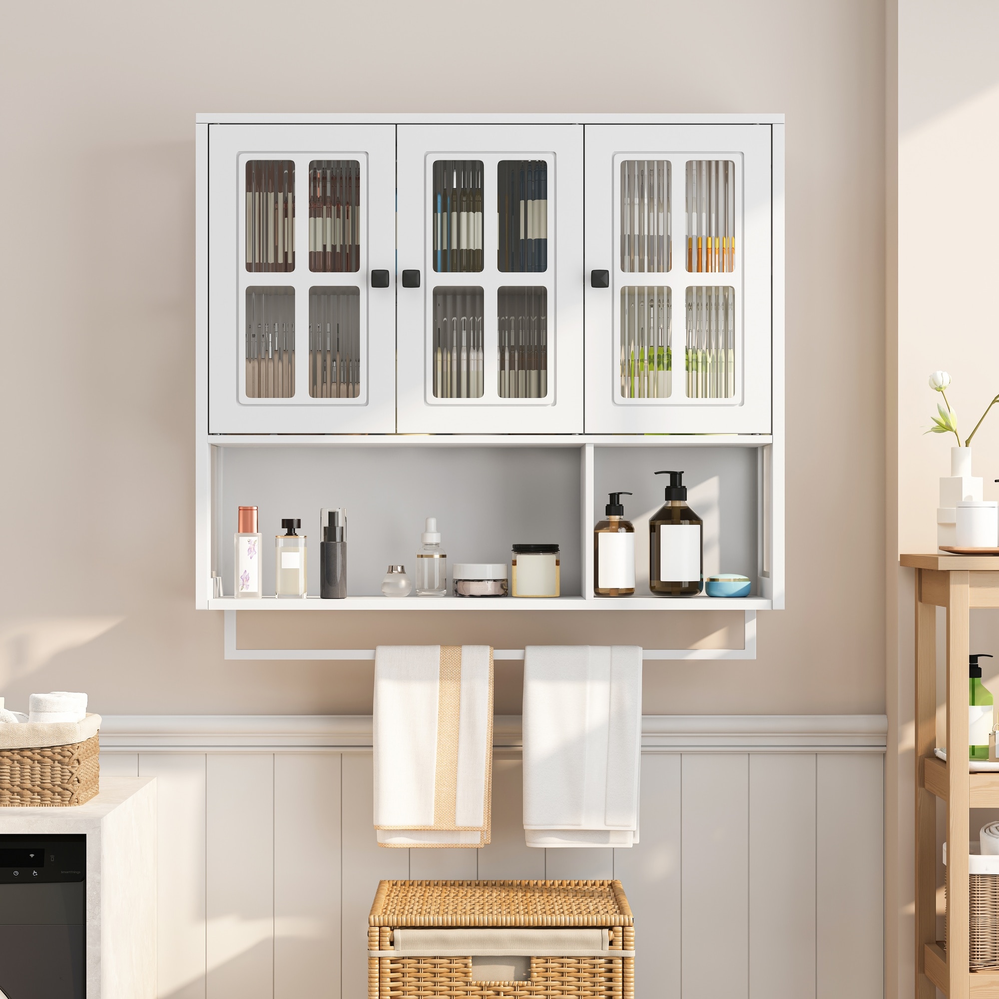 HyperDrop Cart White Wooden Bathroom Wall Cabinet Heavy-Duty 3-Door Medicine Organizer With Glass Door Towel Bar Open Hidden Storage