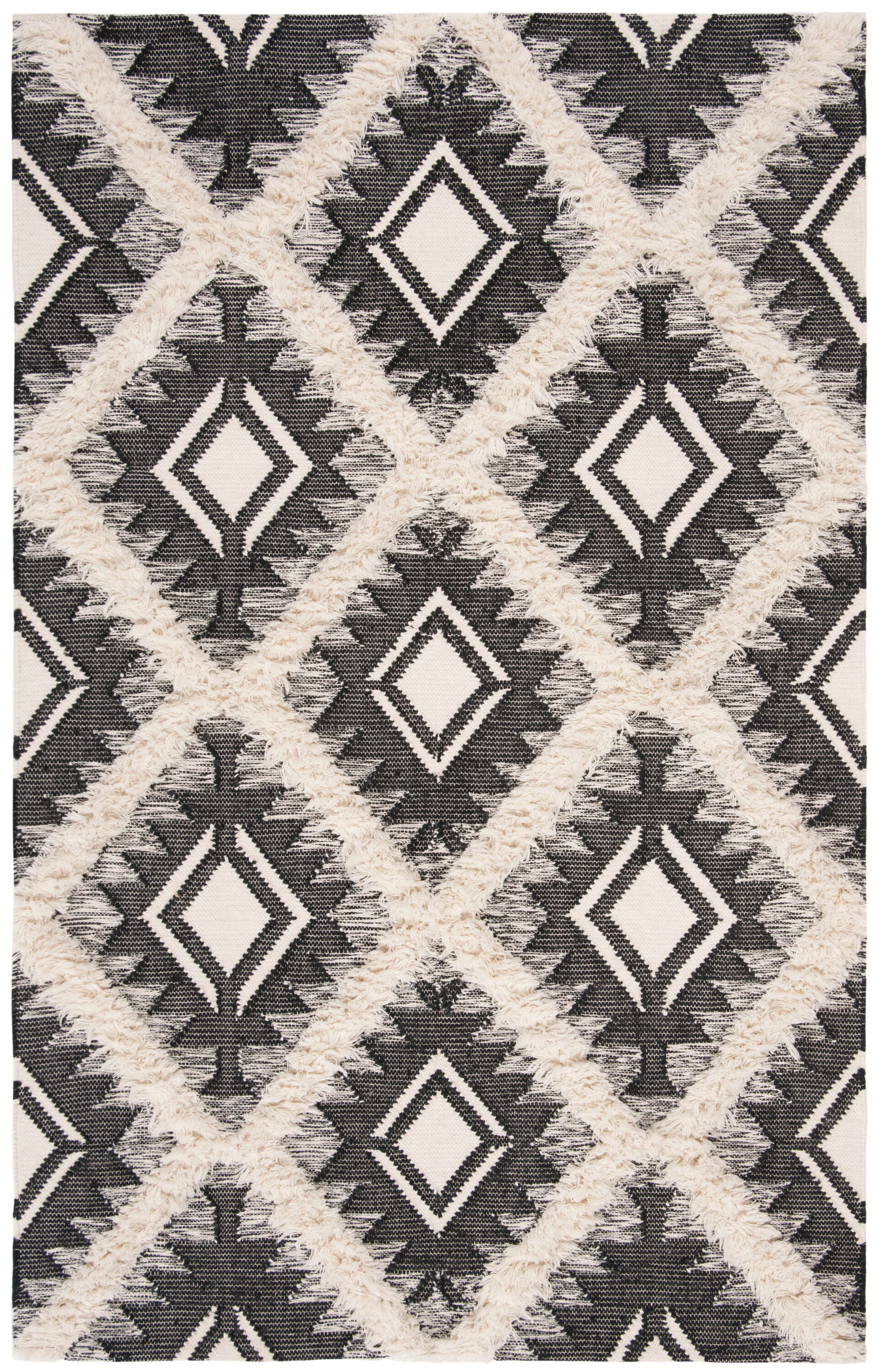 Handwoven Black and Ivory Wool Tribal Area Rug 6' x 9'