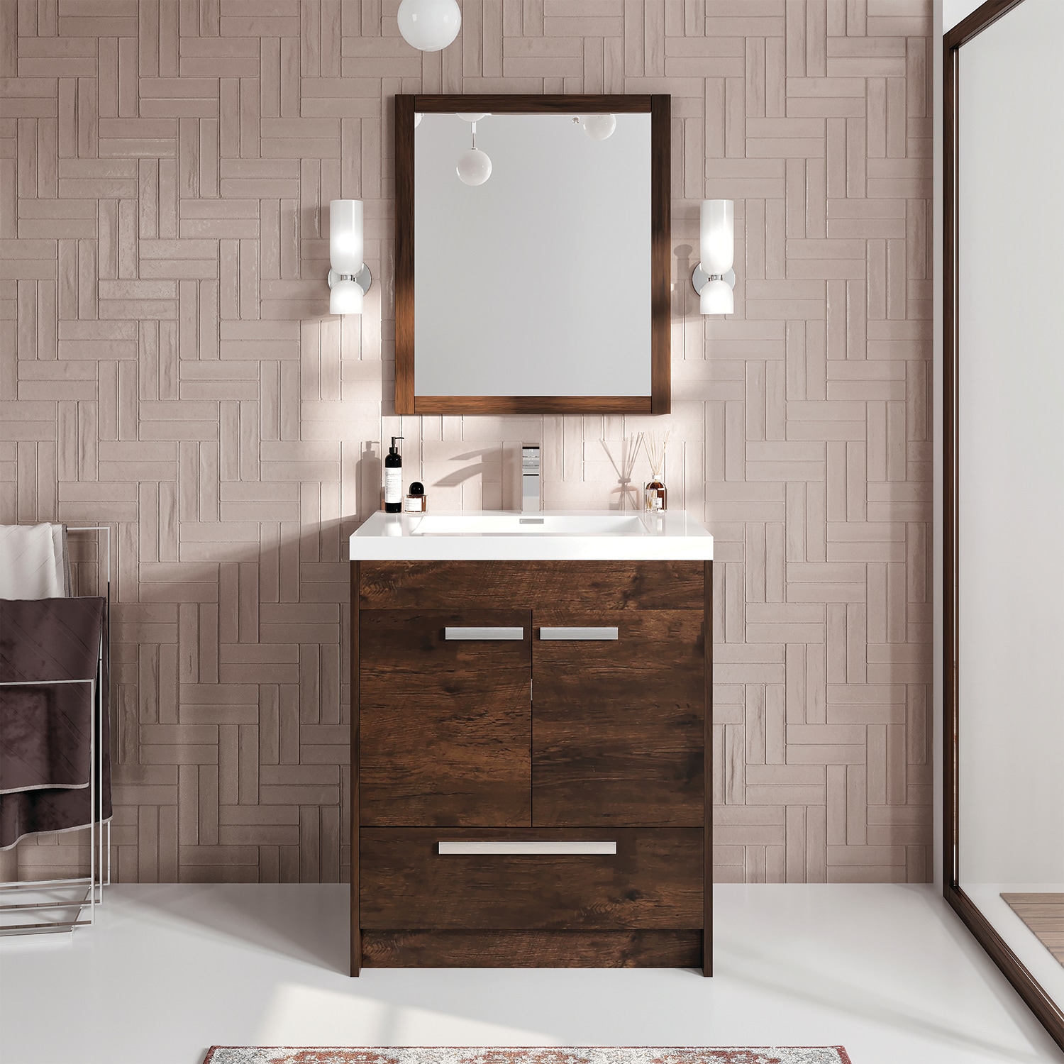 Eviva EVVN750-8-30RSWD Lugano 30-in Rosewood Single sink Bathroom Vanity with White Acrylic Top