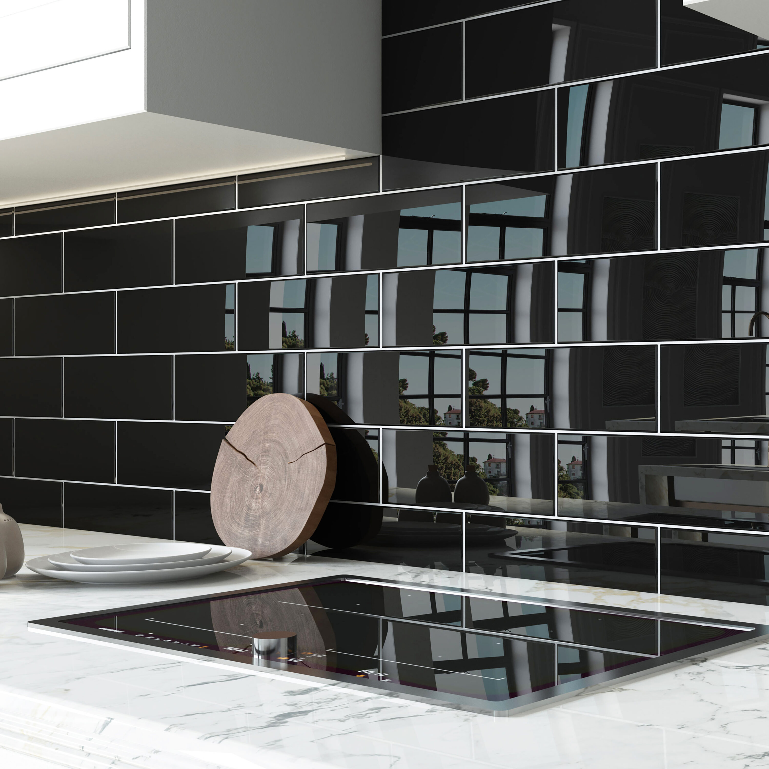 Black Glossy Glass Subway Wall Tile for Kitchen and Bathroom