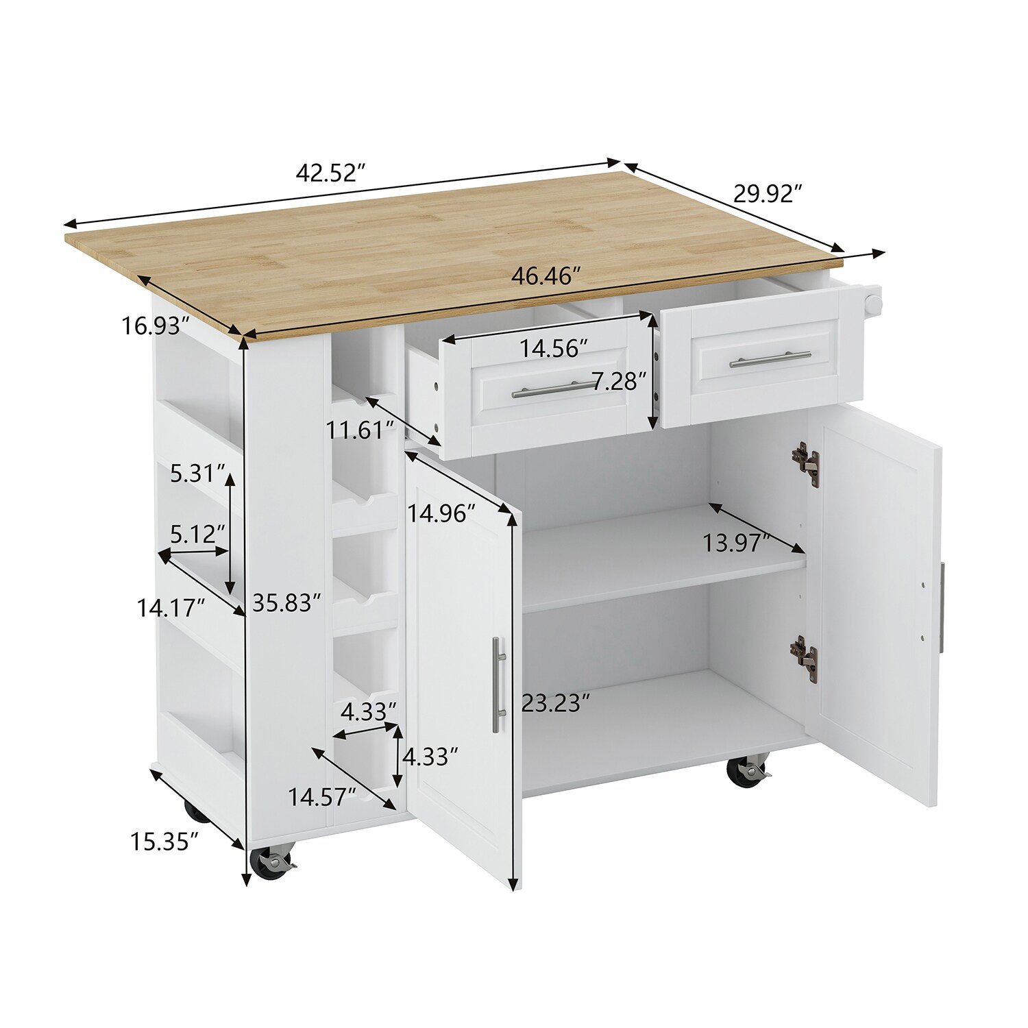 Bybafun Black Mdf Base with Wood Top Rolling Kitchen Cart (29.9-in x 46.5-in x 35.8-in)
